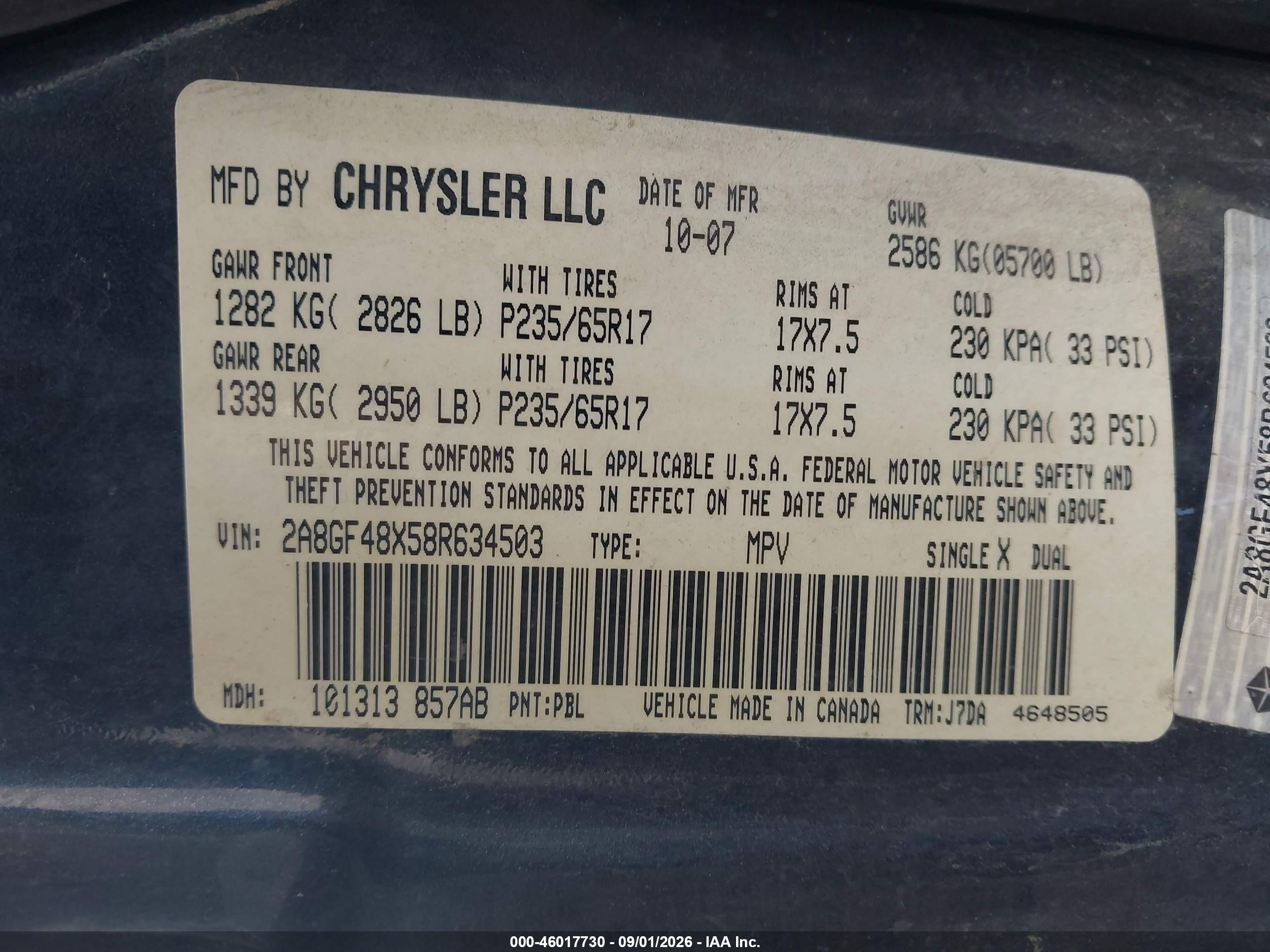 2008 Chrysler Pacifica Lx Dark Blue vin: 2A8GF48X58R634503
