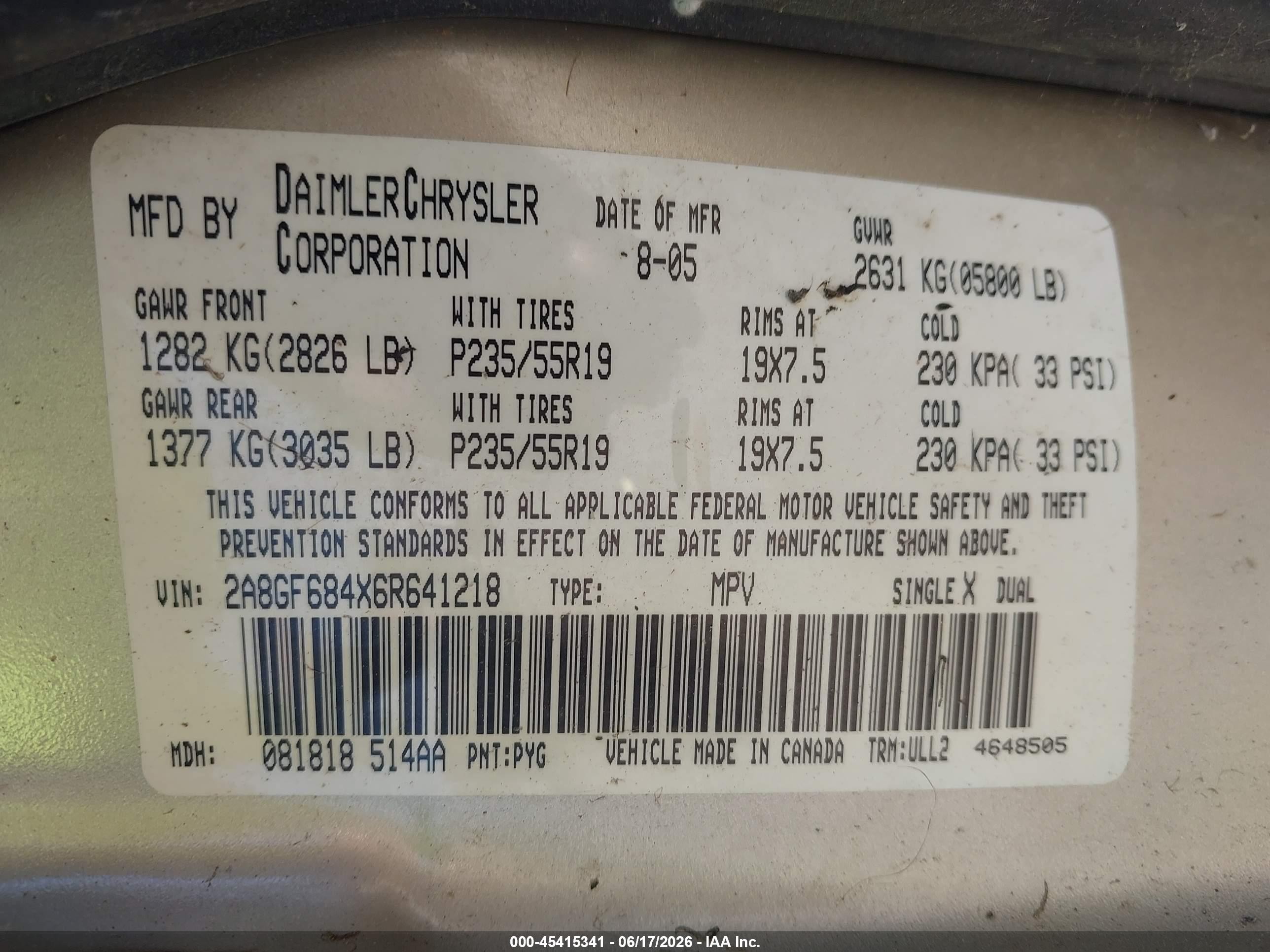 2006 Chrysler Pacifica Touring Gold vin: 2A8GF684X6R641218