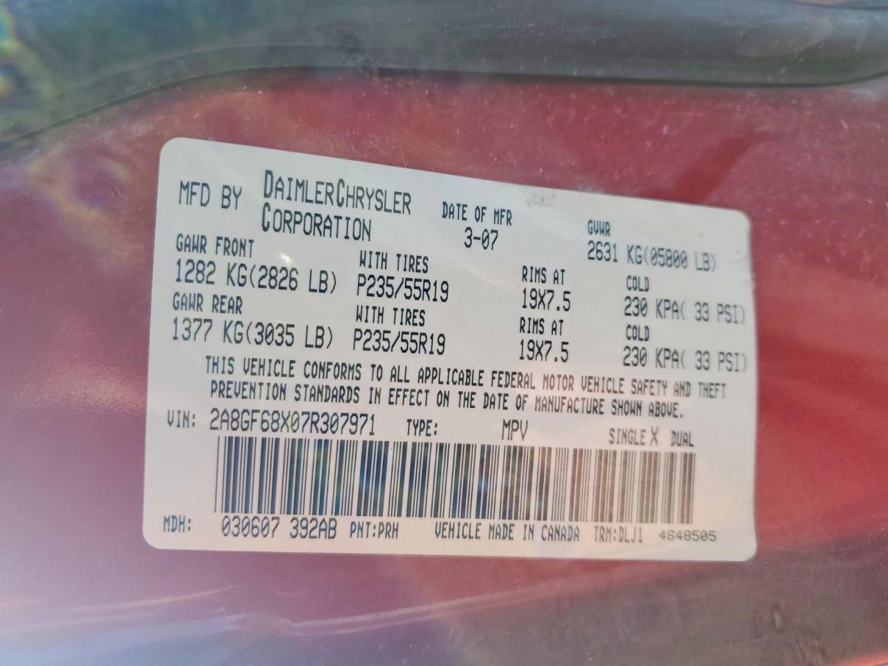 2007 Chrysler Pacifica Touring Red vin: 2A8GF68X07R307971