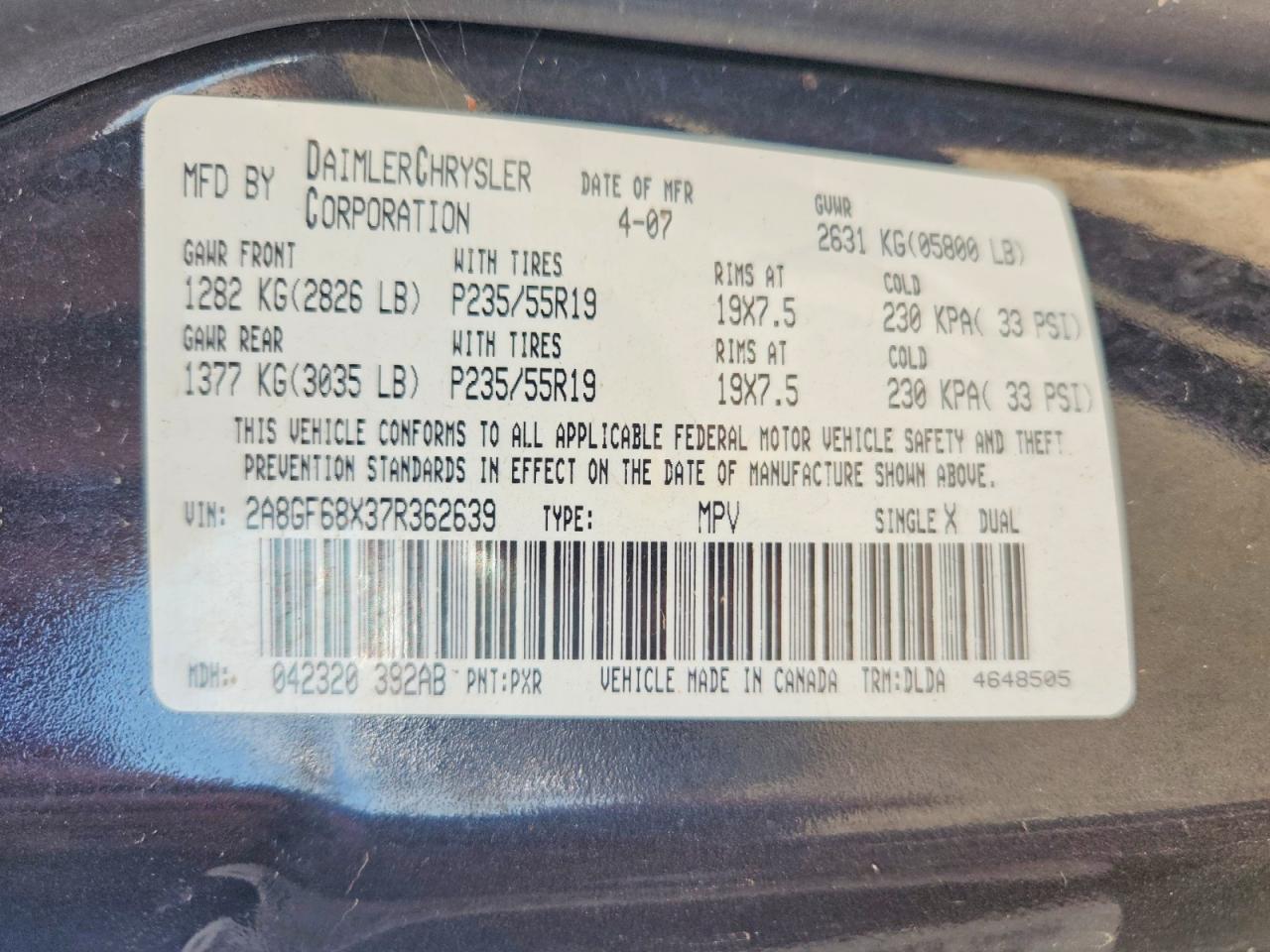 2007 Chrysler Pacifica Touring Black vin: 2A8GF68X37R362639