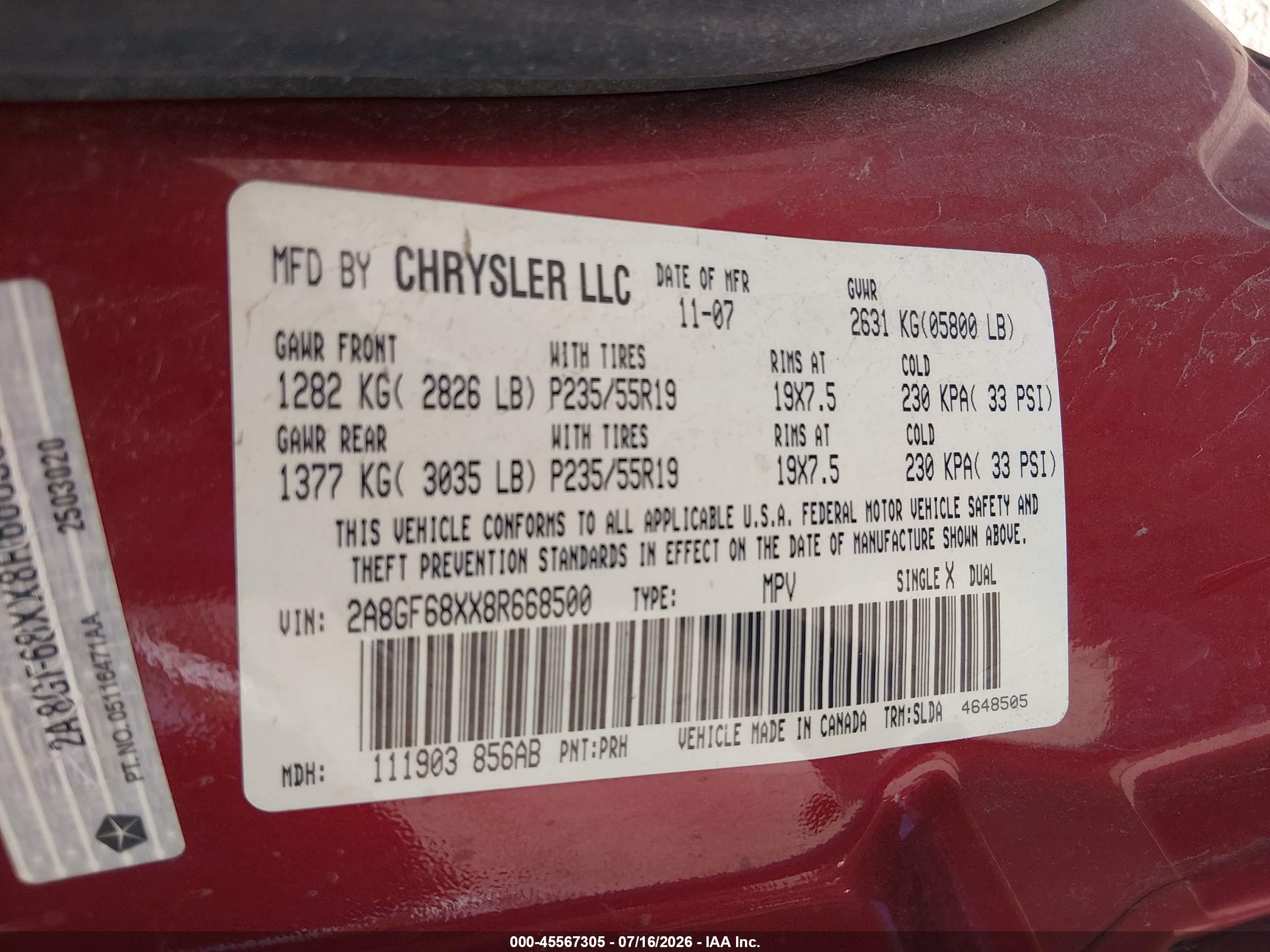 2008 Chrysler Pacifica Touring Red vin: 2A8GF68XX8R668500