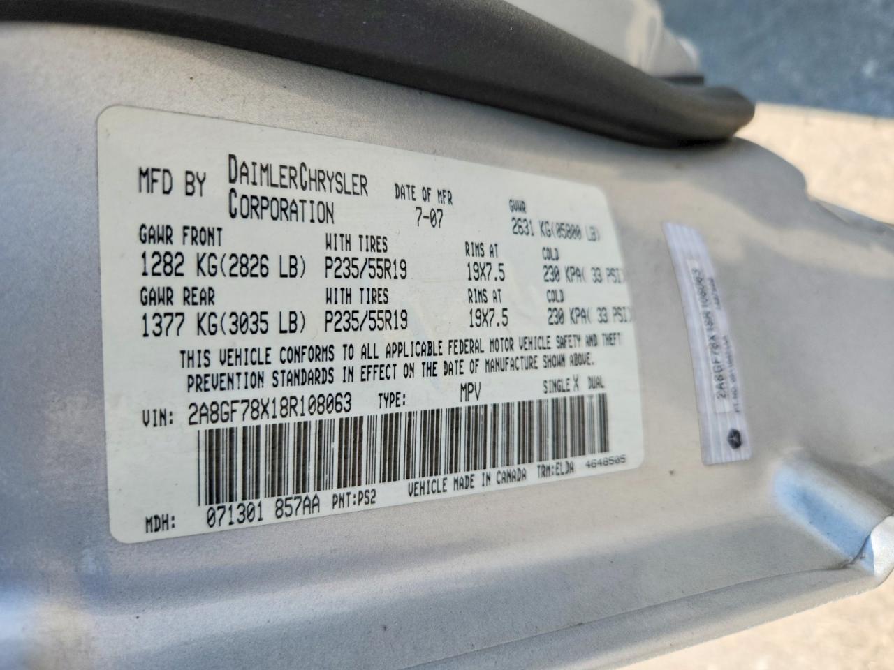 2008 Chrysler Pacifica Limited Silver vin: 2A8GF78X18R108063