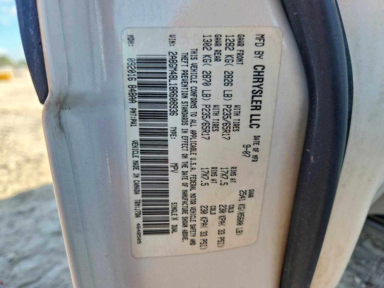 2008 Chrysler Pacifica Lx White vin: 2A8GM48L18R608936