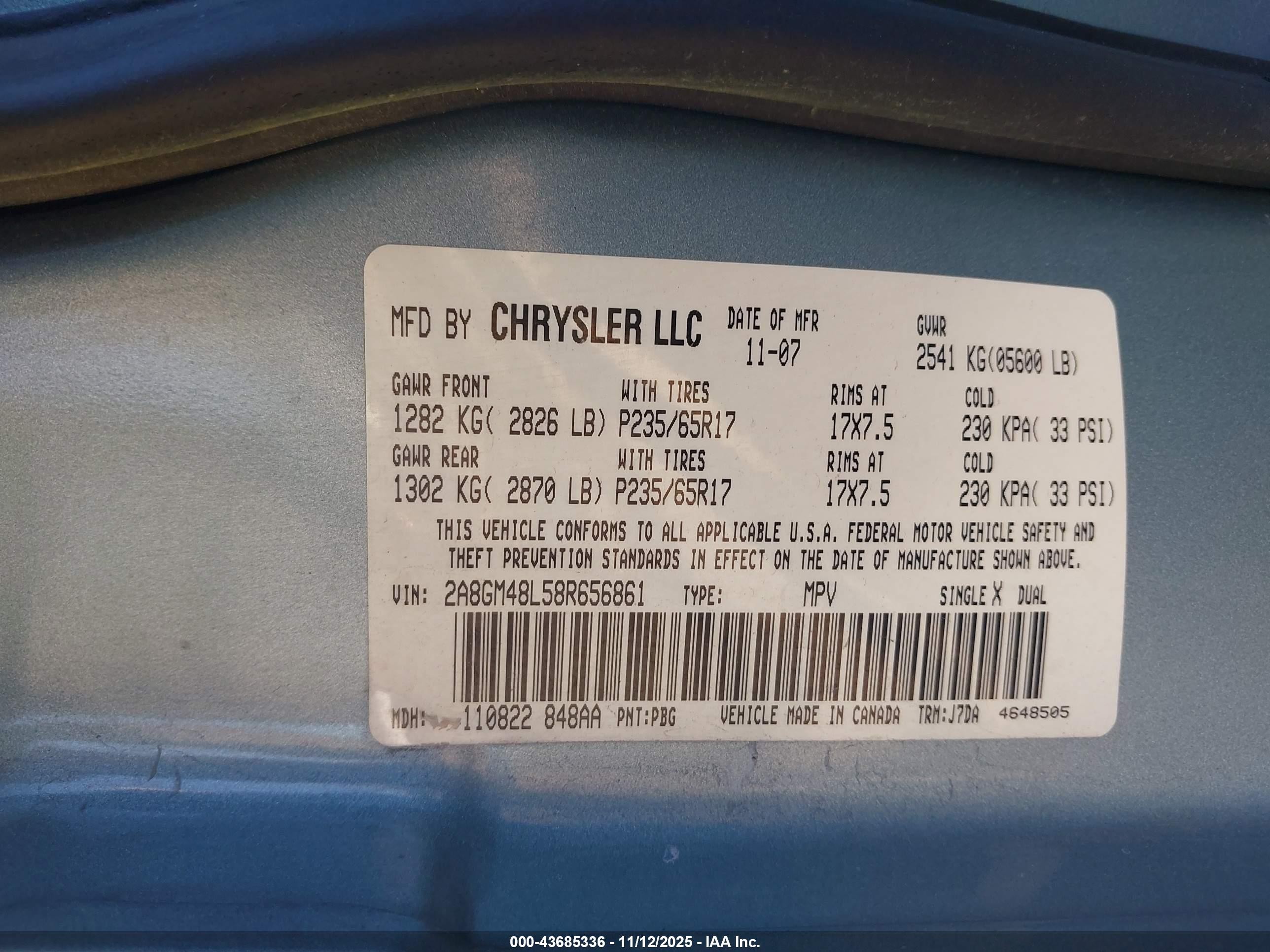 2008 Chrysler Pacifica Lx Blue vin: 2A8GM48L58R656861