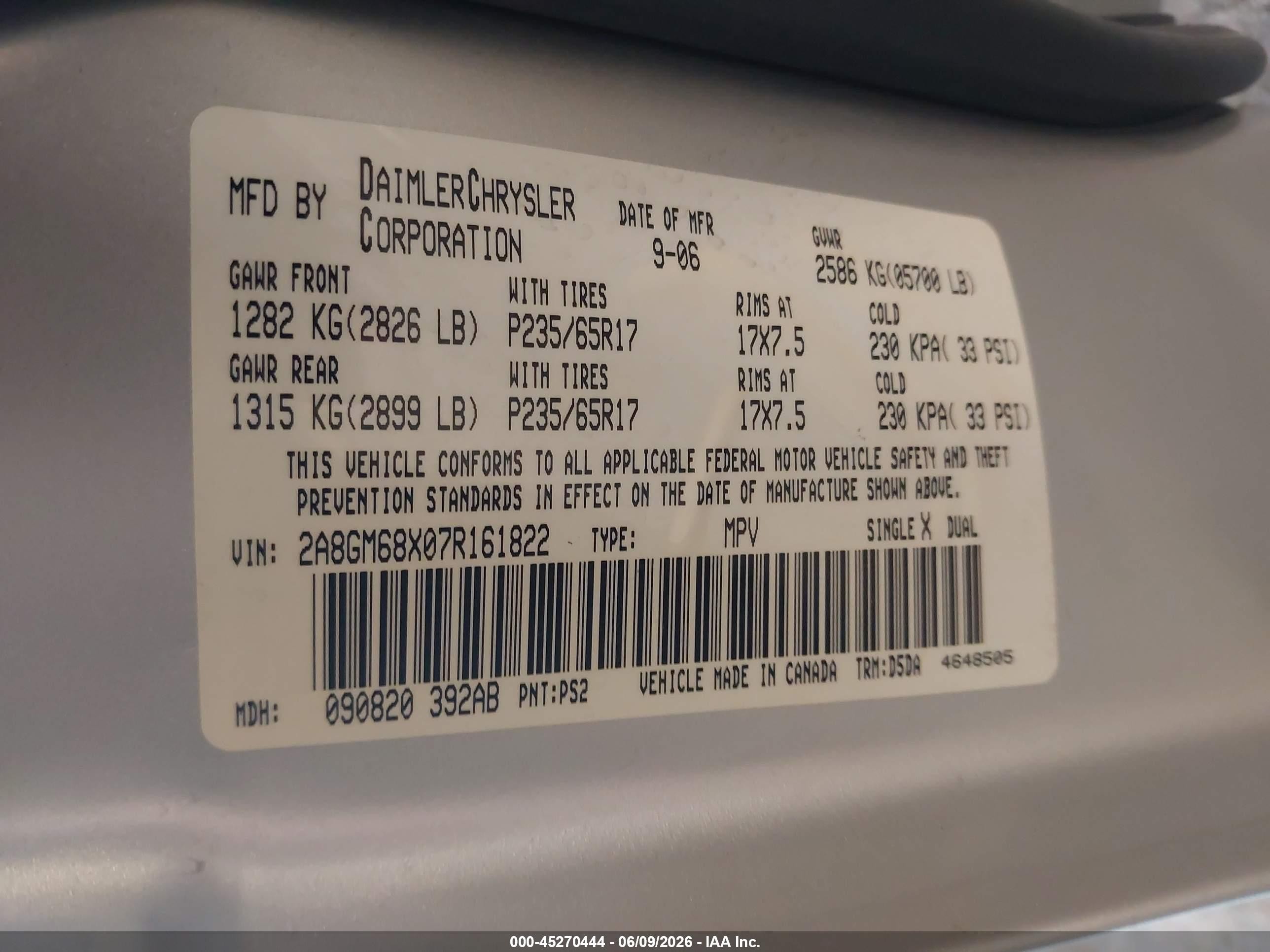 2007 Chrysler Pacifica Touring Silver vin: 2A8GM68X07R161822