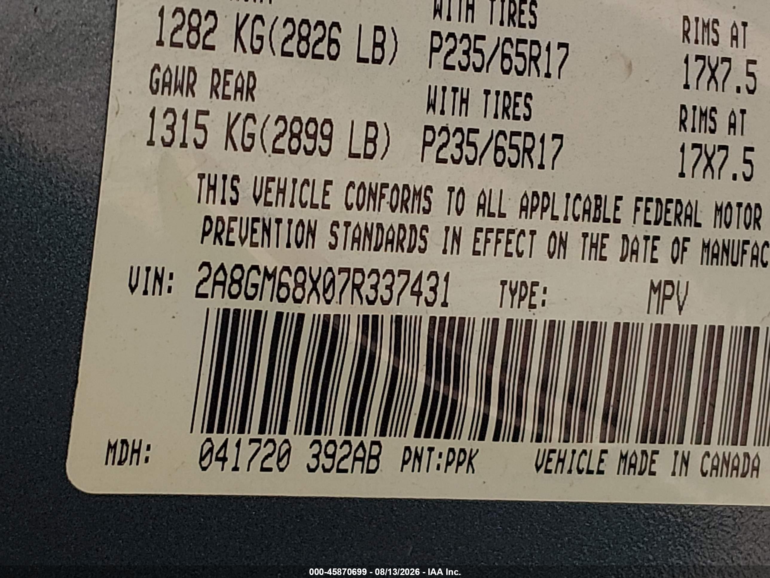 2007 Chrysler Pacifica Touring Green vin: 2A8GM68X07R337431