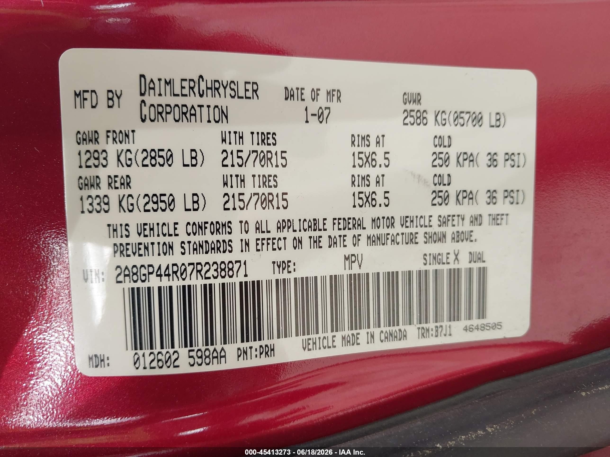 2007 Chrysler Town & Country Lx Red vin: 2A8GP44R07R238871