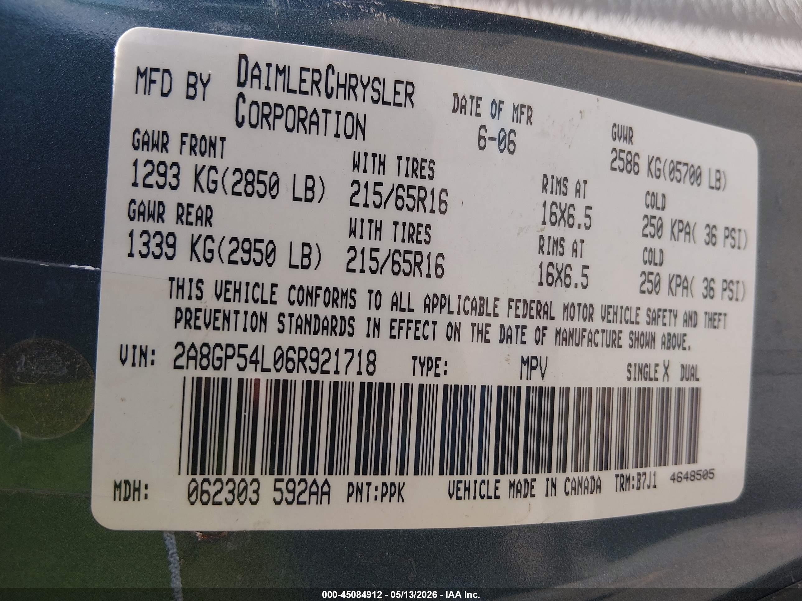 2006 Chrysler Town & Country Touring Light Blue vin: 2A8GP54L06R921718