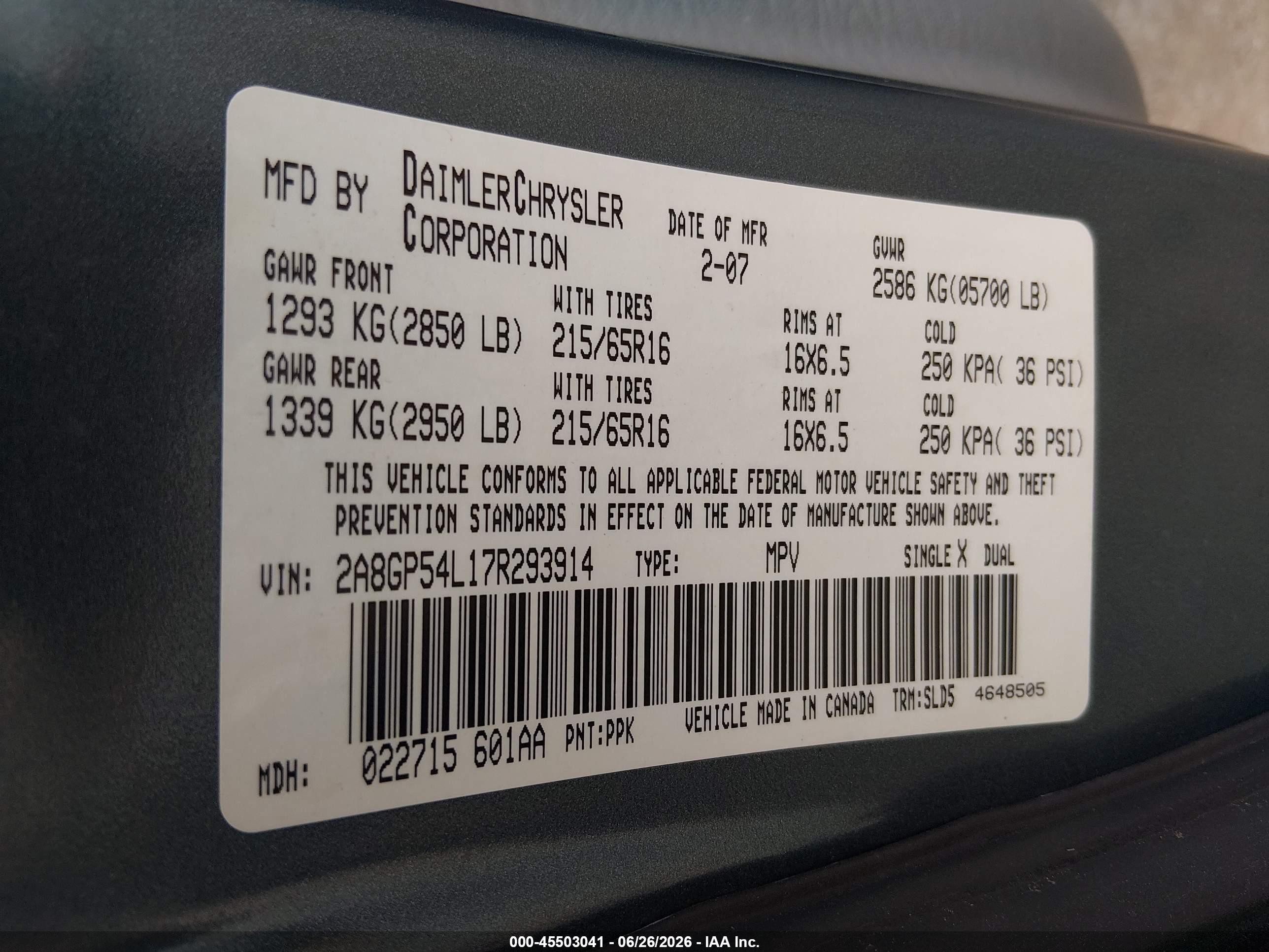 2007 Chrysler Town & Country Touring Blue vin: 2A8GP54L17R293914