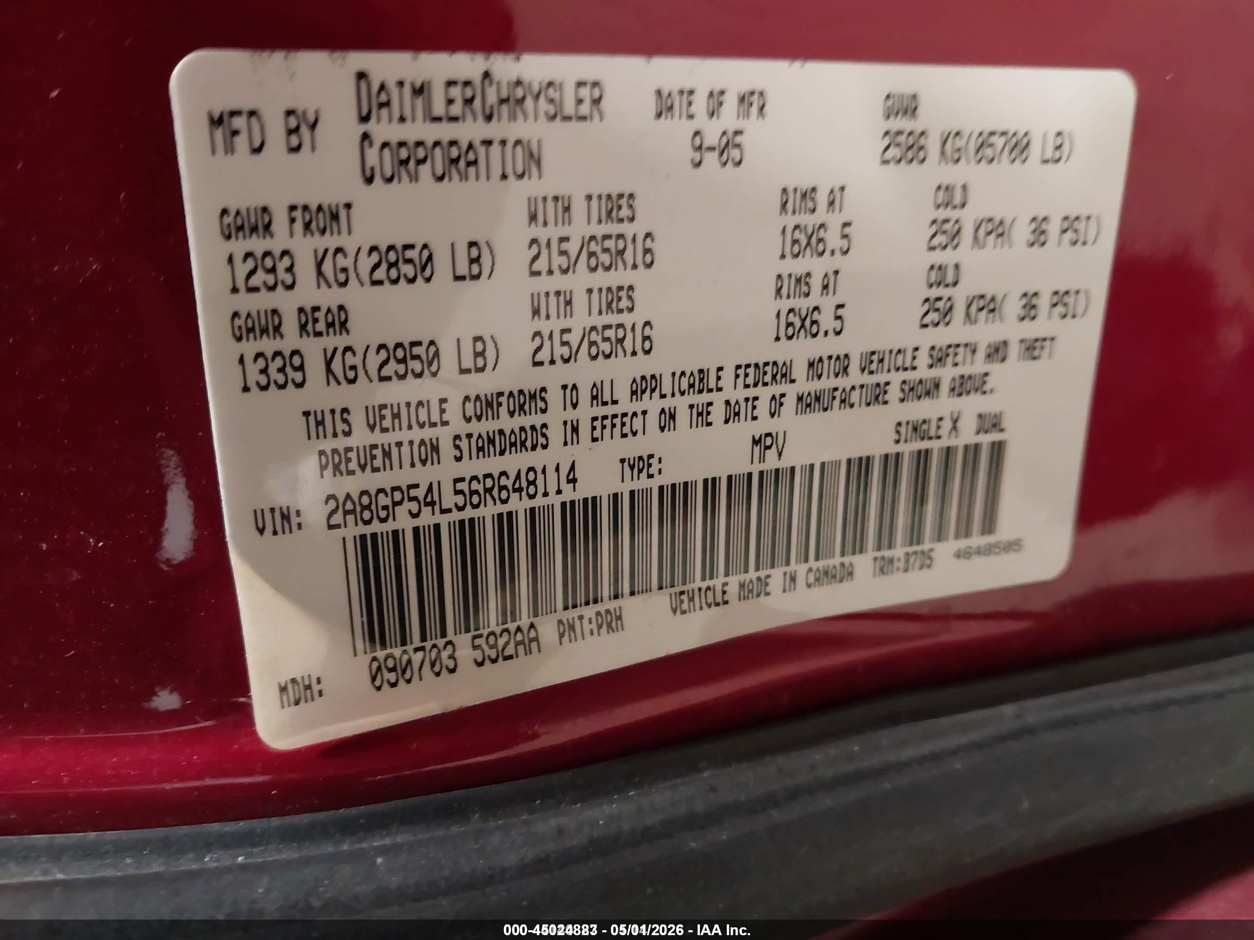 2006 Chrysler Town & Country Touring Red vin: 2A8GP54L56R648114