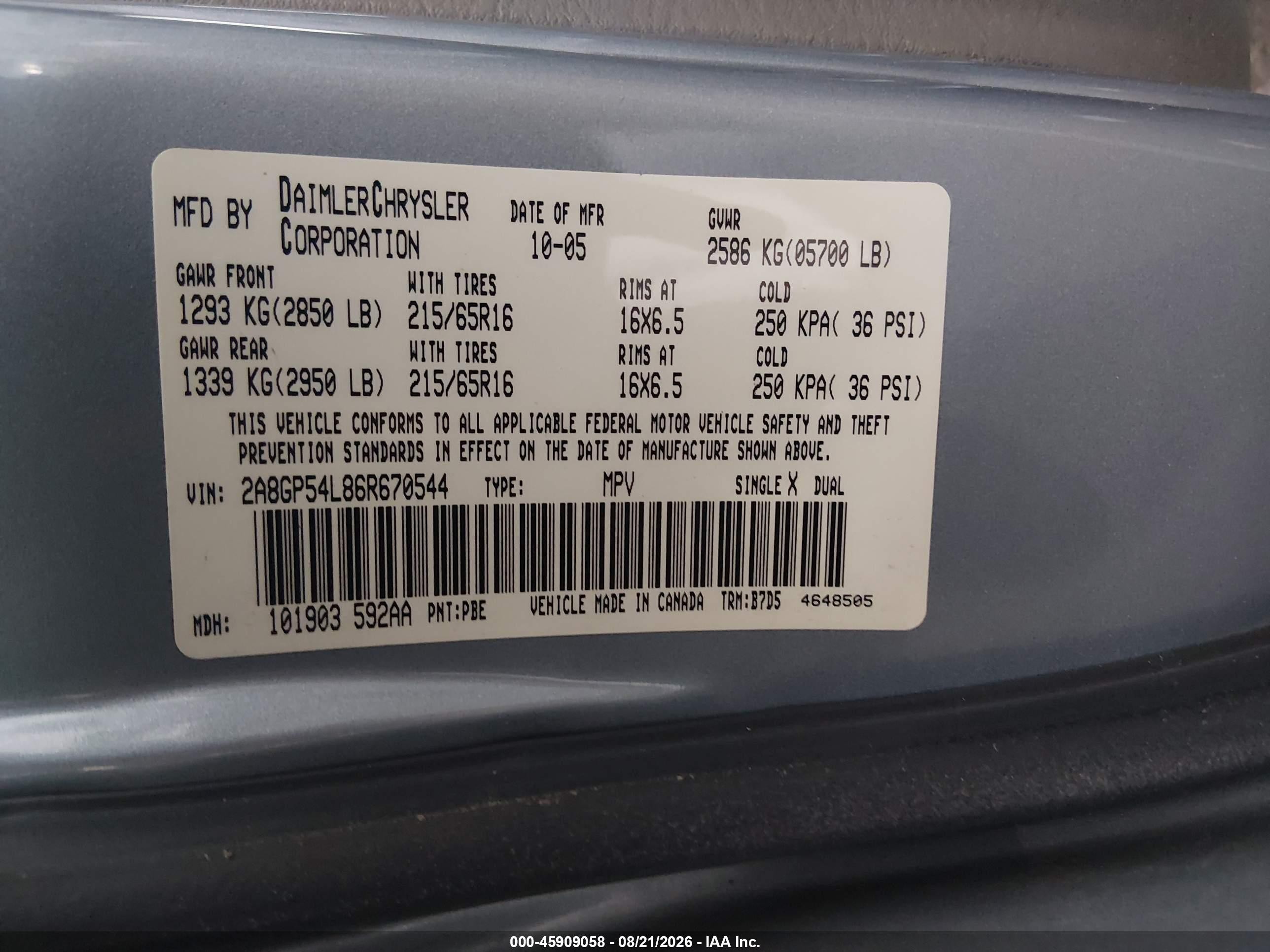 2006 Chrysler Town & Country Touring Light Blue vin: 2A8GP54L86R670544
