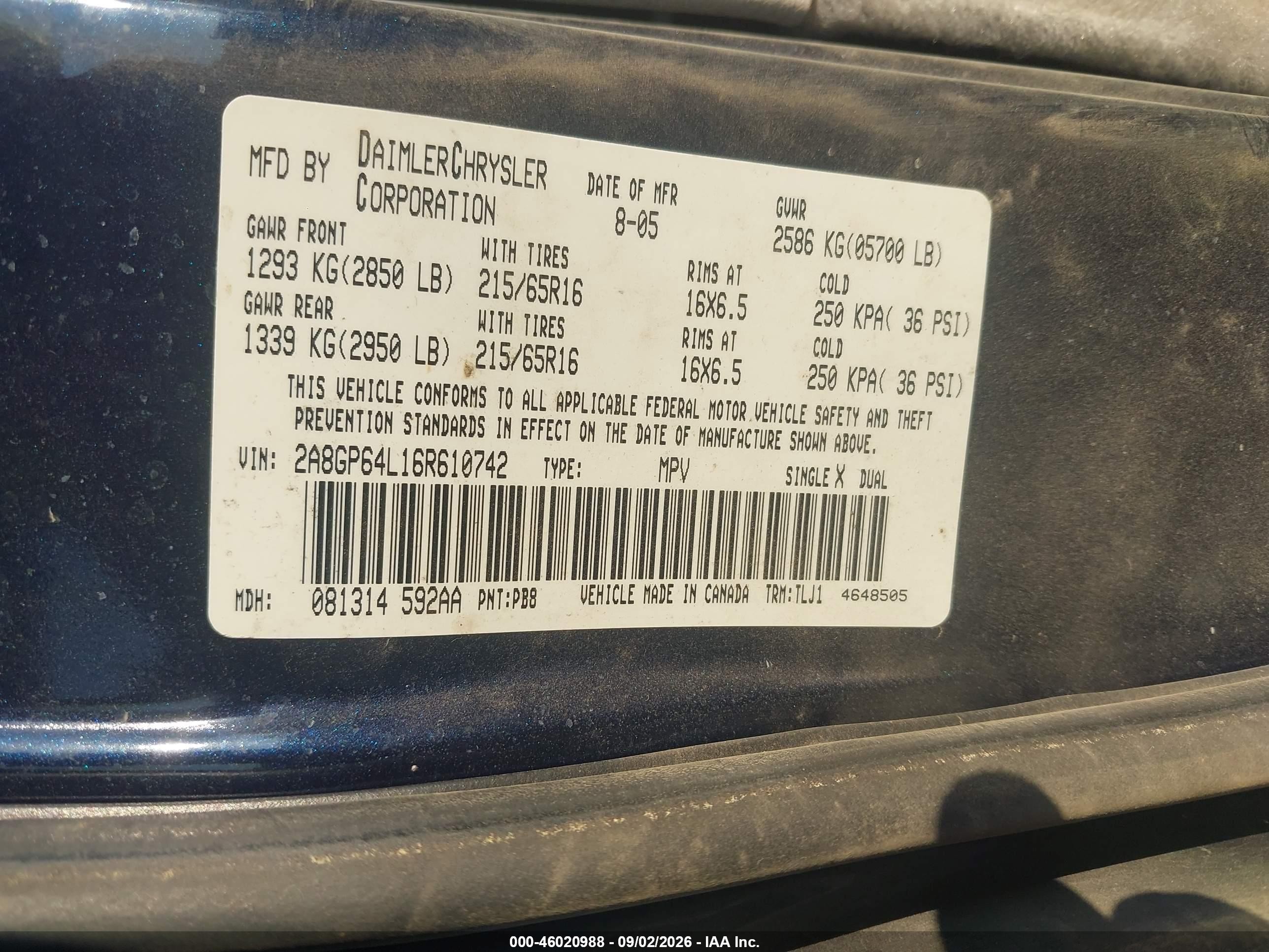 2006 Chrysler Town & Country Limited Blue vin: 2A8GP64L16R610742