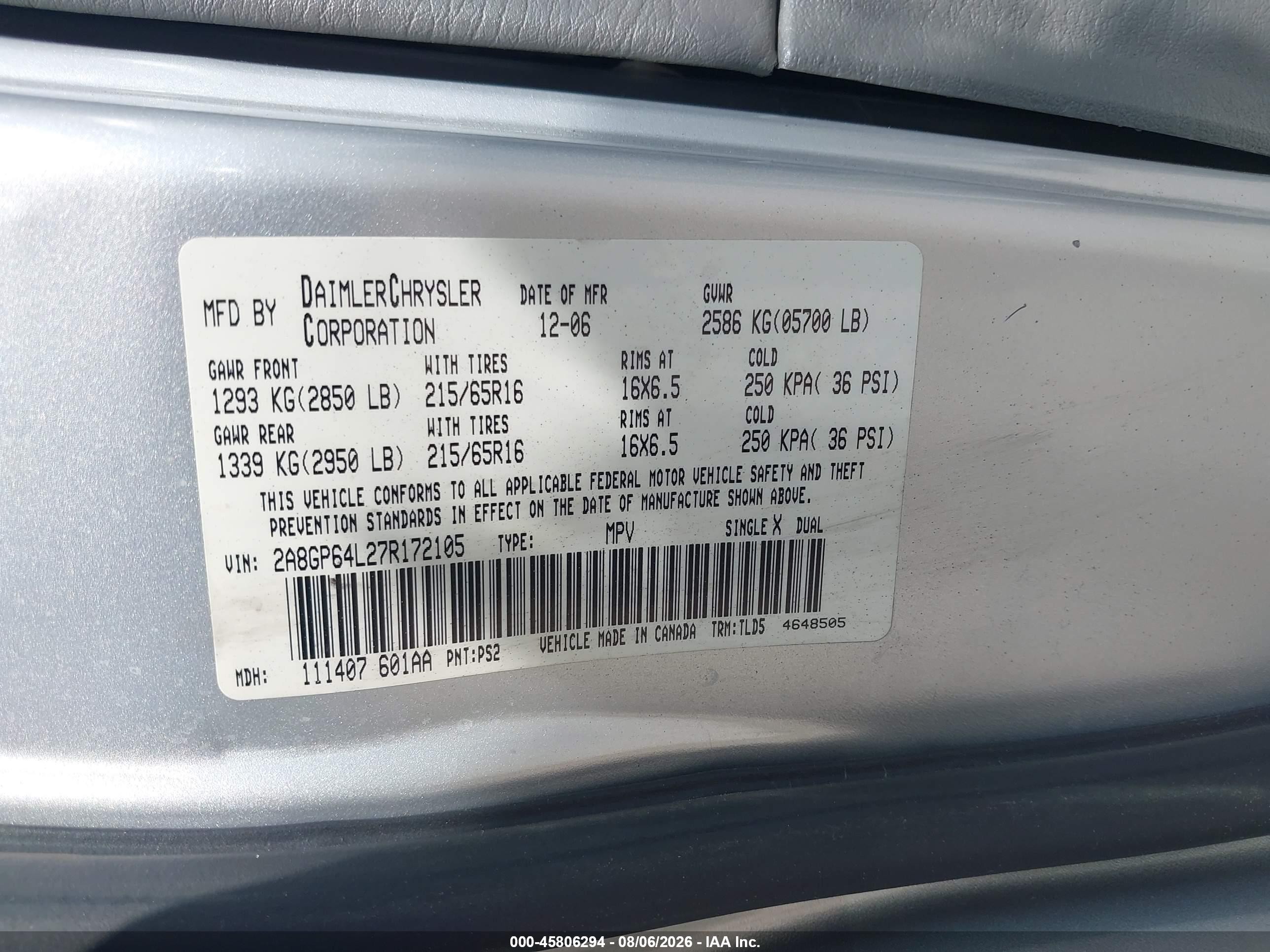 2007 Chrysler Town & Country Limited Silver vin: 2A8GP64L27R172105
