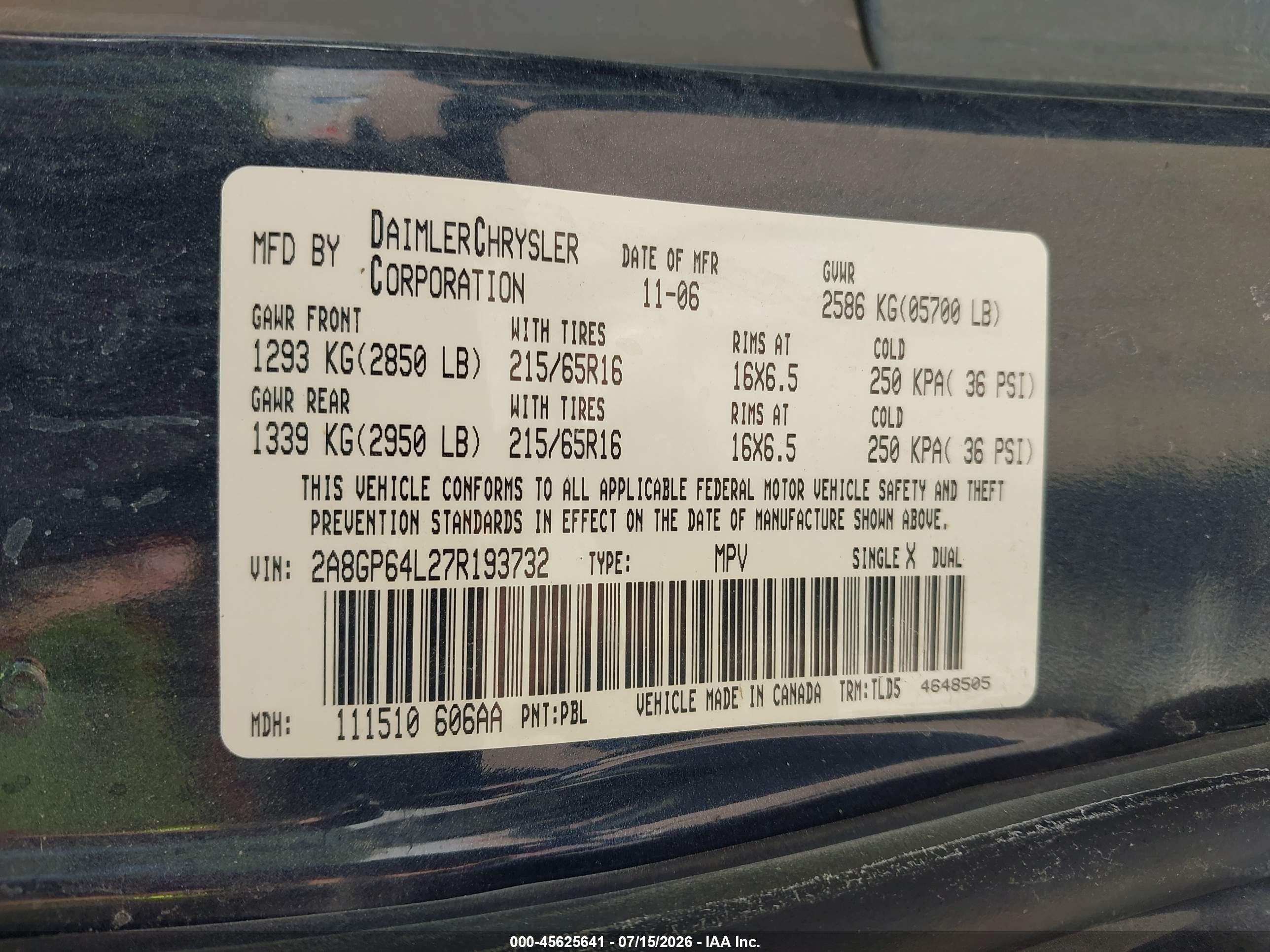2007 Chrysler Town & Country Limited Blue vin: 2A8GP64L27R193732