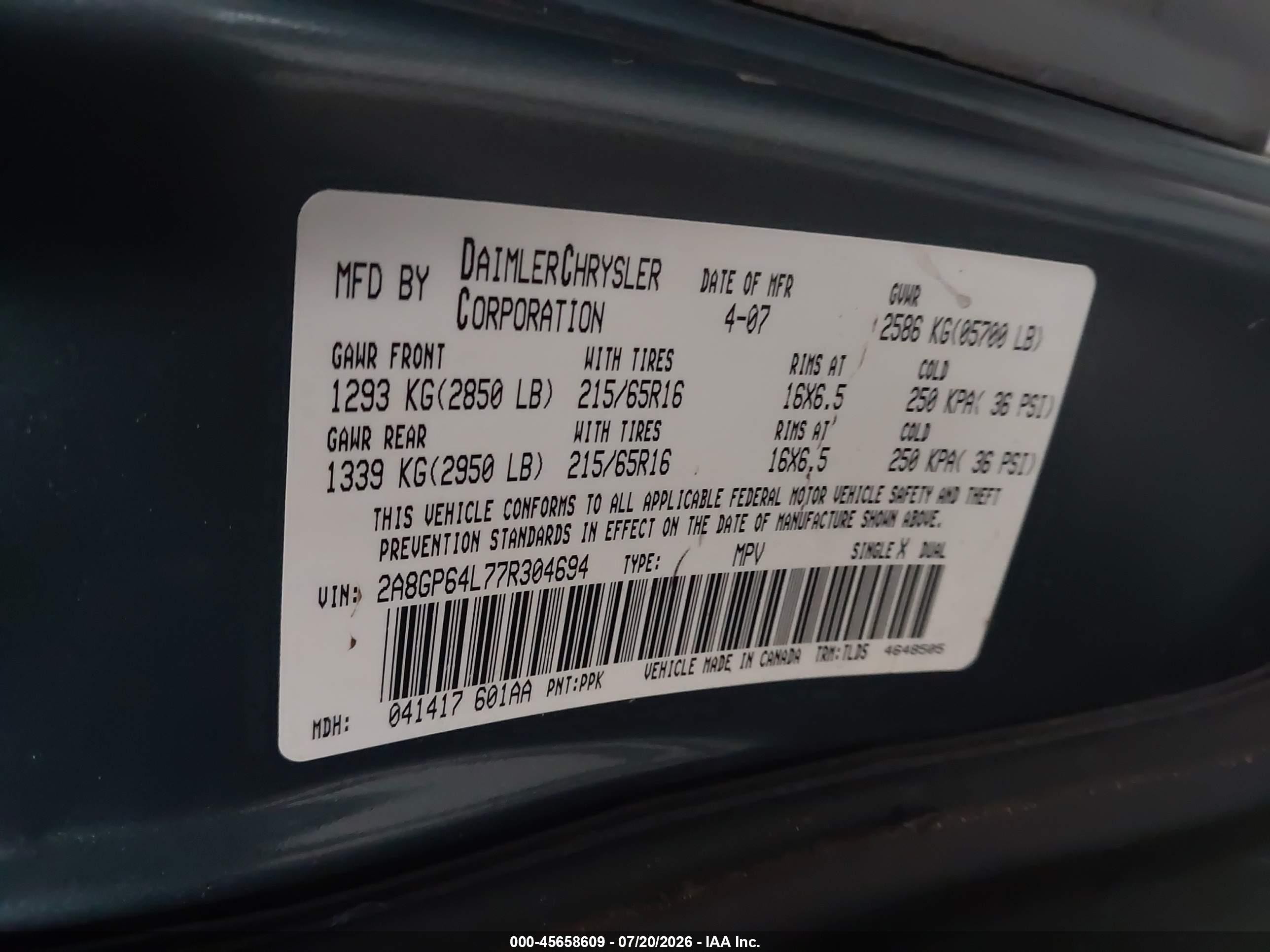 2007 Chrysler Town & Country Limited Синий vin: 2A8GP64L77R304694
