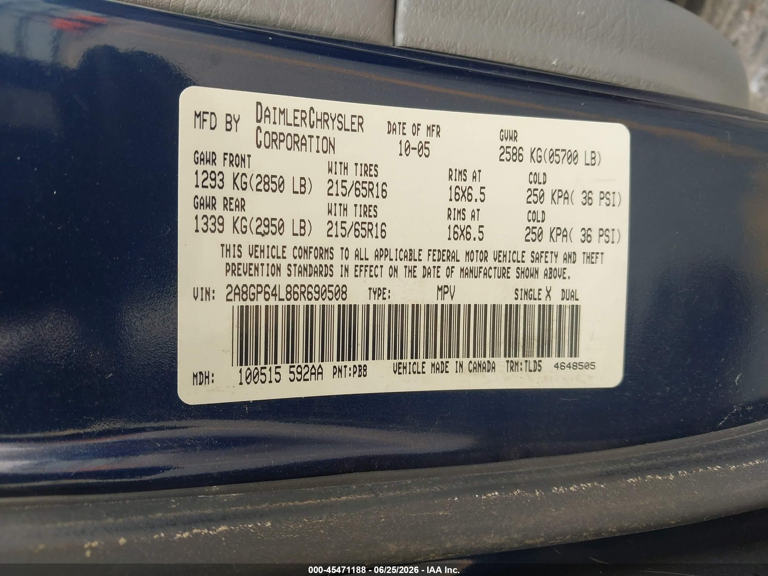 2006 Chrysler Town & Country Limited Blue vin: 2A8GP64L86R690508