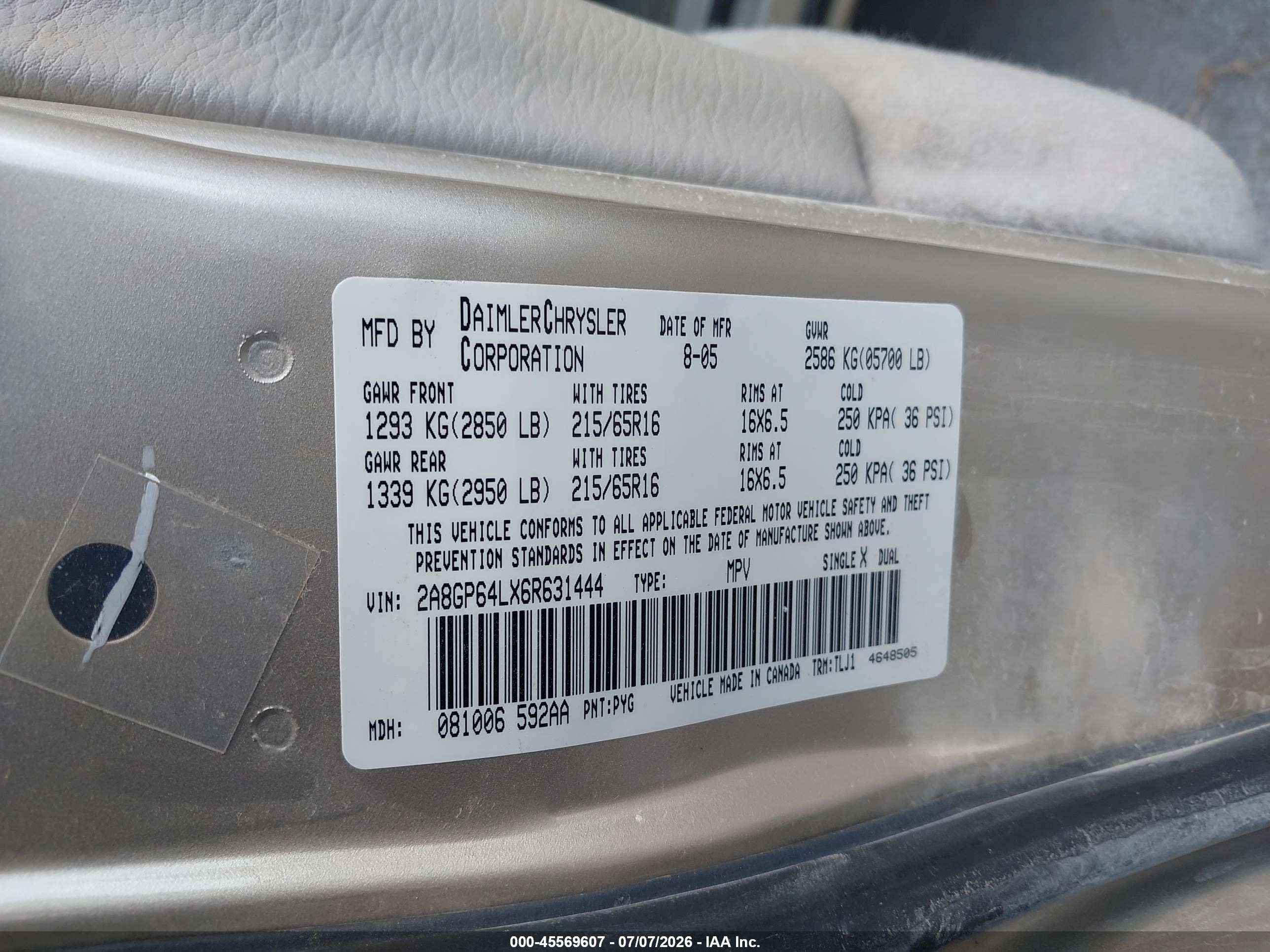2006 Chrysler Town & Country Limited Gold vin: 2A8GP64LX6R631444