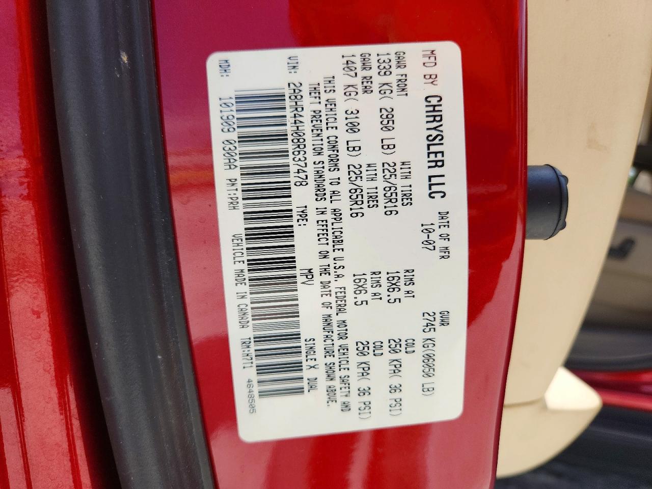 2008 Chrysler Town & Country Lx Burgundy vin: 2A8HR44H08R637478