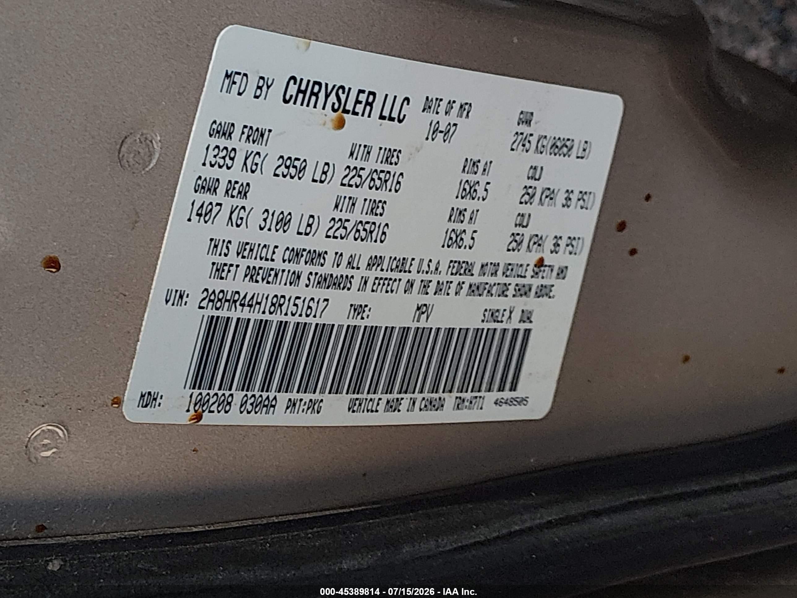 2008 Chrysler Town & Country Lx Gold vin: 2A8HR44H18R151617
