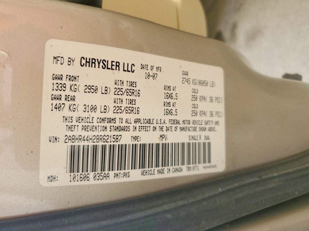 2008 Chrysler Town & Country Lx Gold vin: 2A8HR44H28R621587