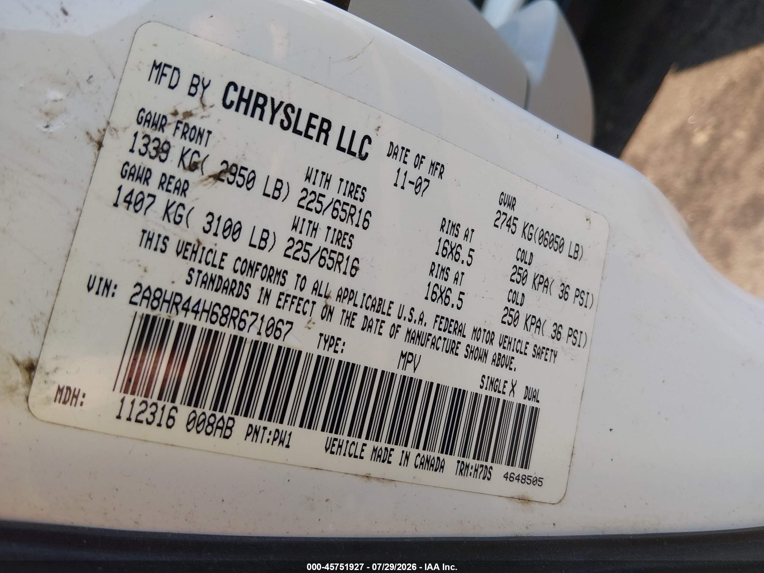 2008 Chrysler Town & Country Lx White vin: 2A8HR44H68R671067