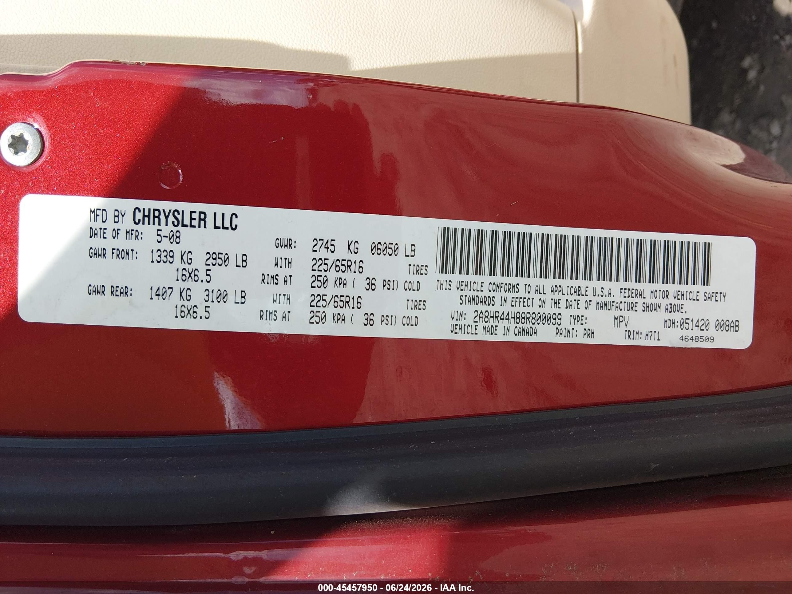 2008 Chrysler Town & Country Lx Red vin: 2A8HR44H88R800099