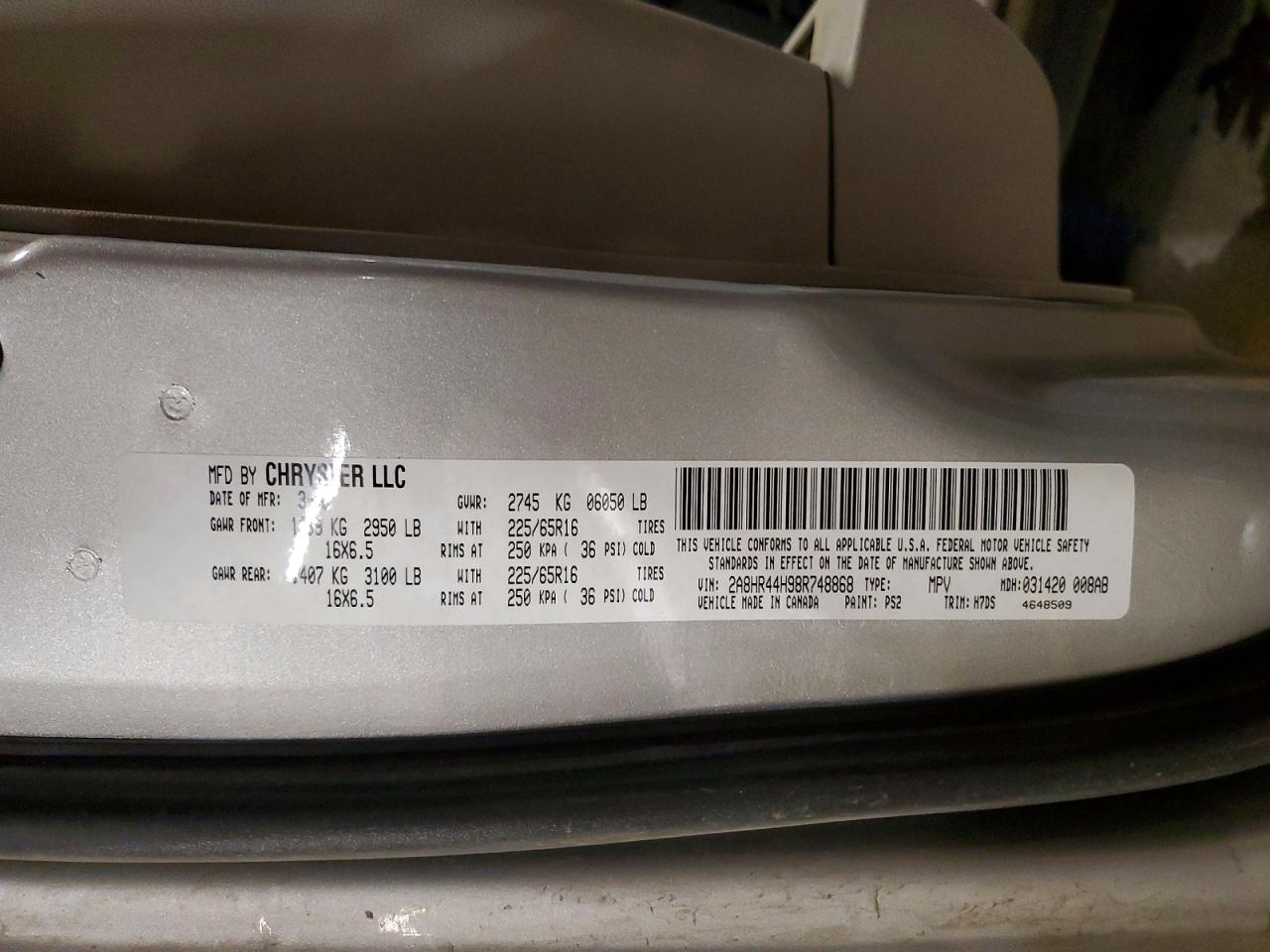 2008 Chrysler Town & Country Lx Серебряный vin: 2A8HR44H98R748868