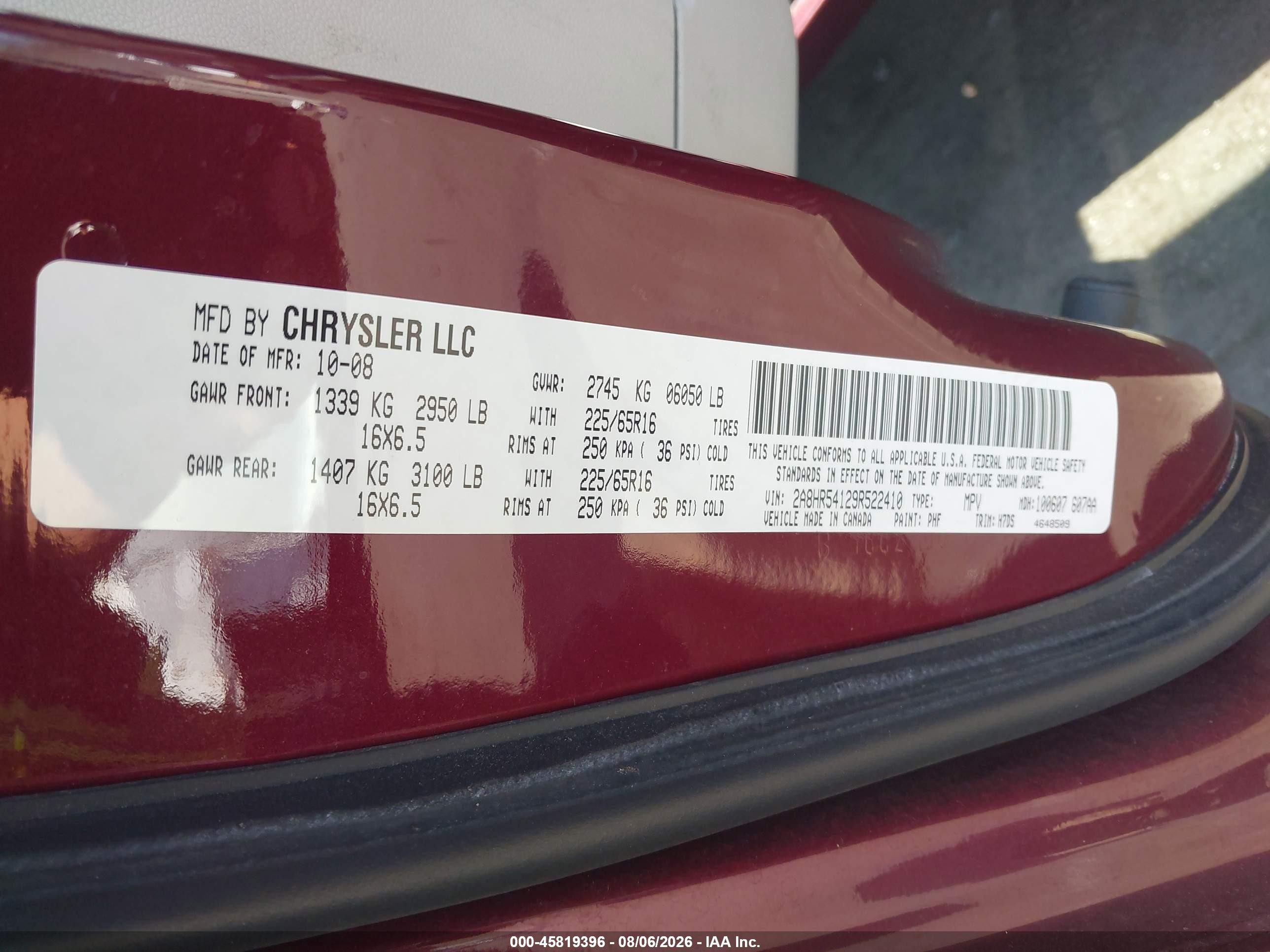 2009 Chrysler Town & Country Touring Burgundy vin: 2A8HR54129R522410