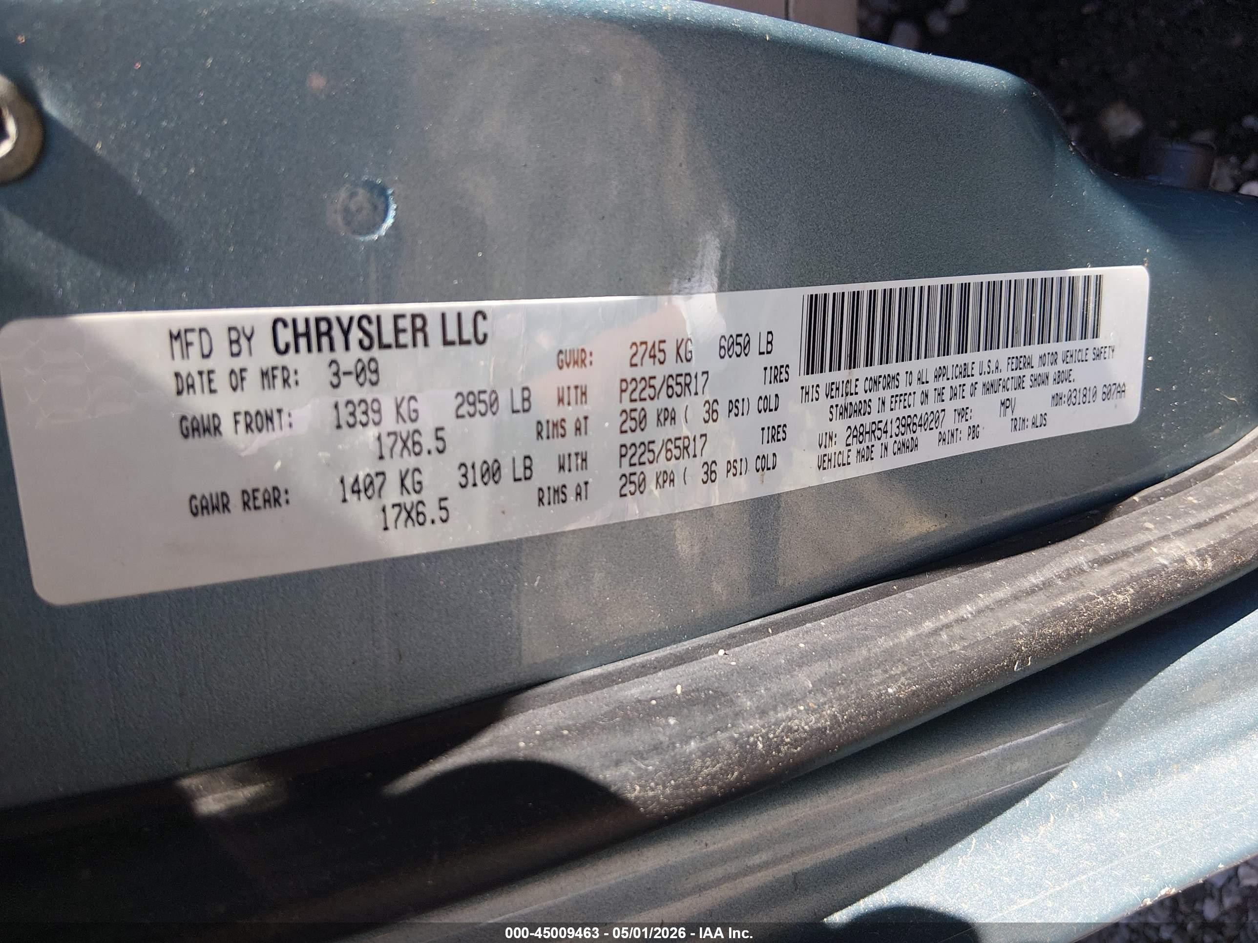 2009 Chrysler Town & Country Touring Blue vin: 2A8HR54139R640207