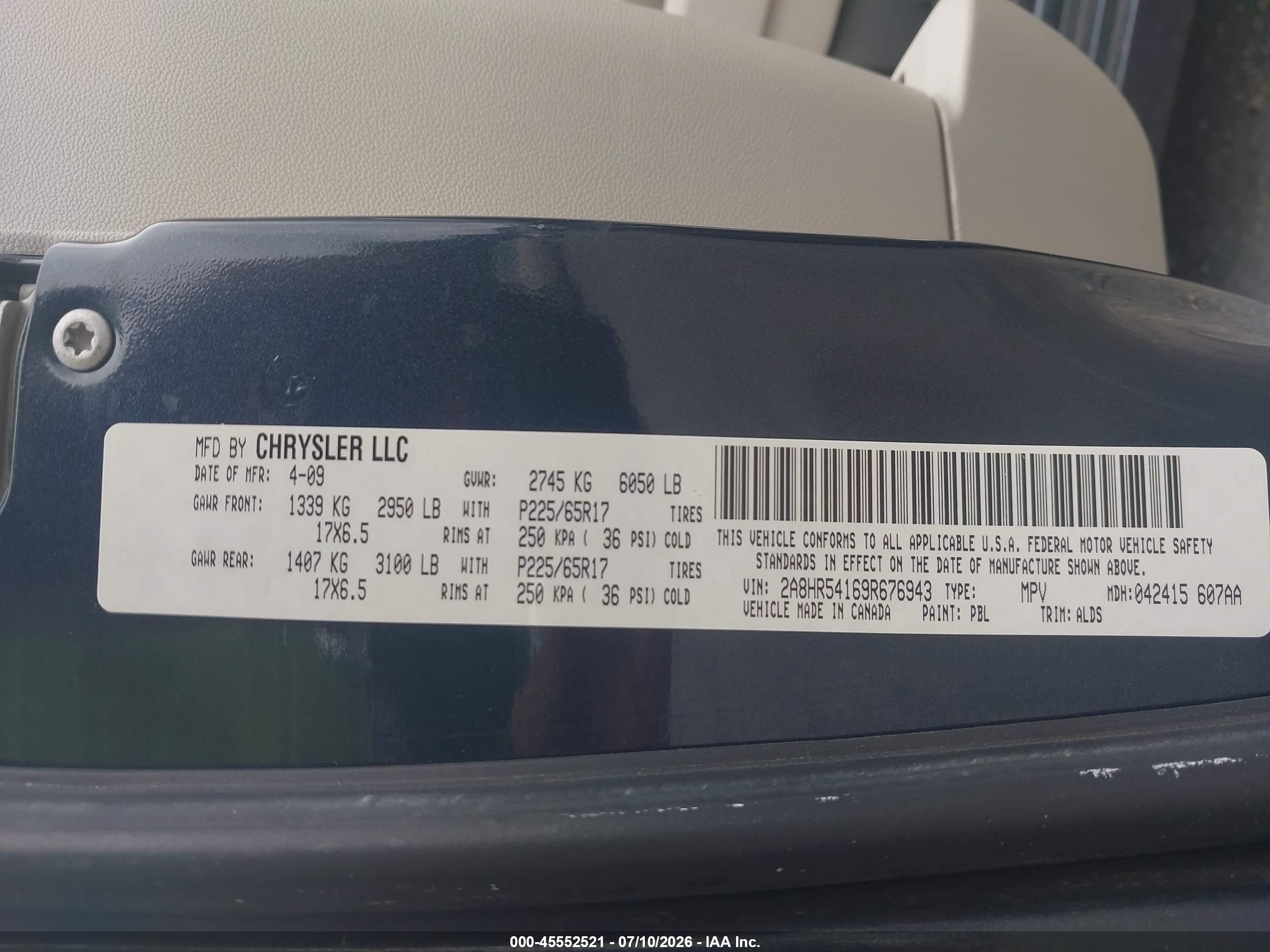 2009 Chrysler Town & Country Touring Blue vin: 2A8HR54169R676943