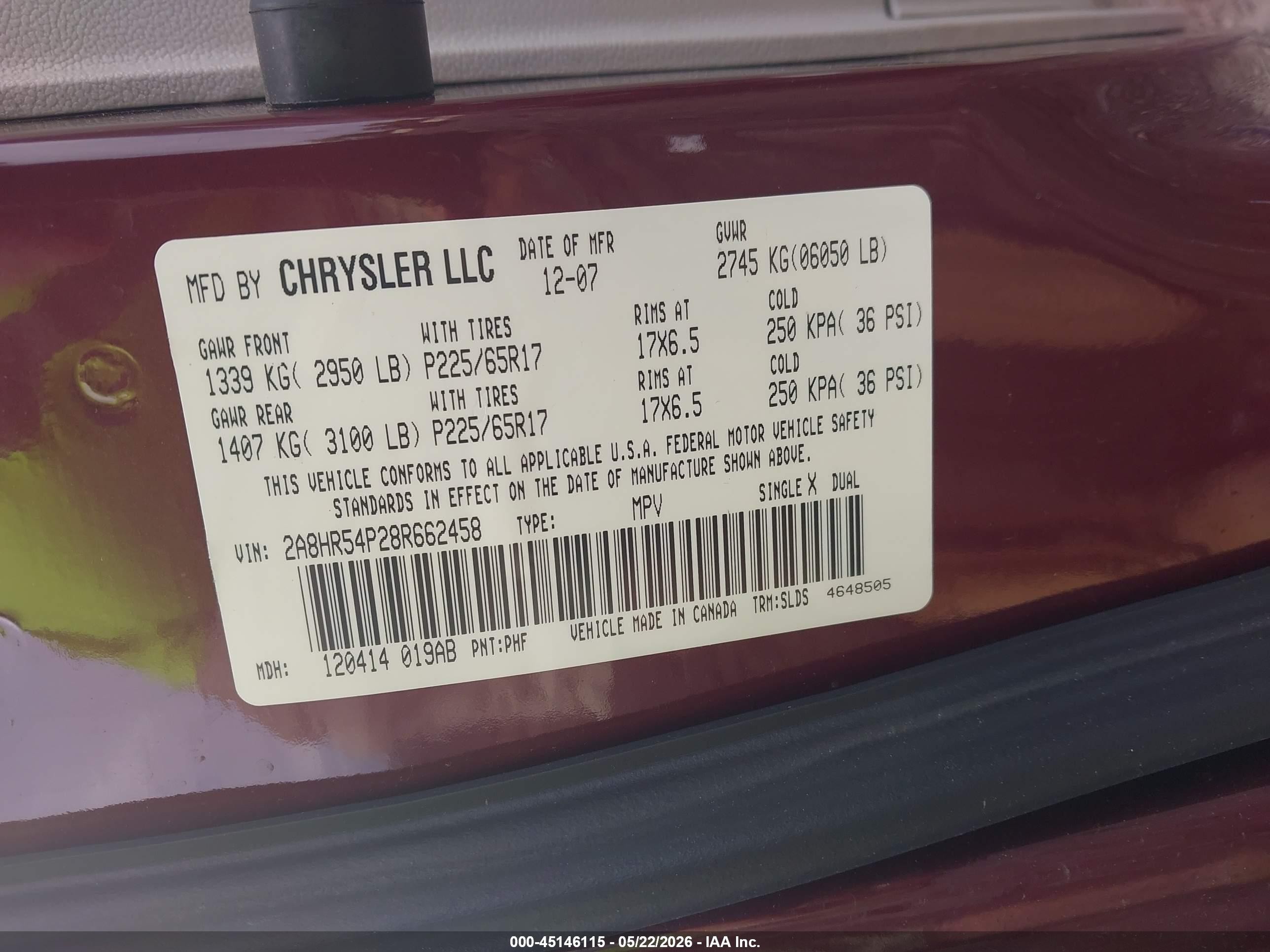 2008 Chrysler Town & Country Touring Бордовый vin: 2A8HR54P28R662458