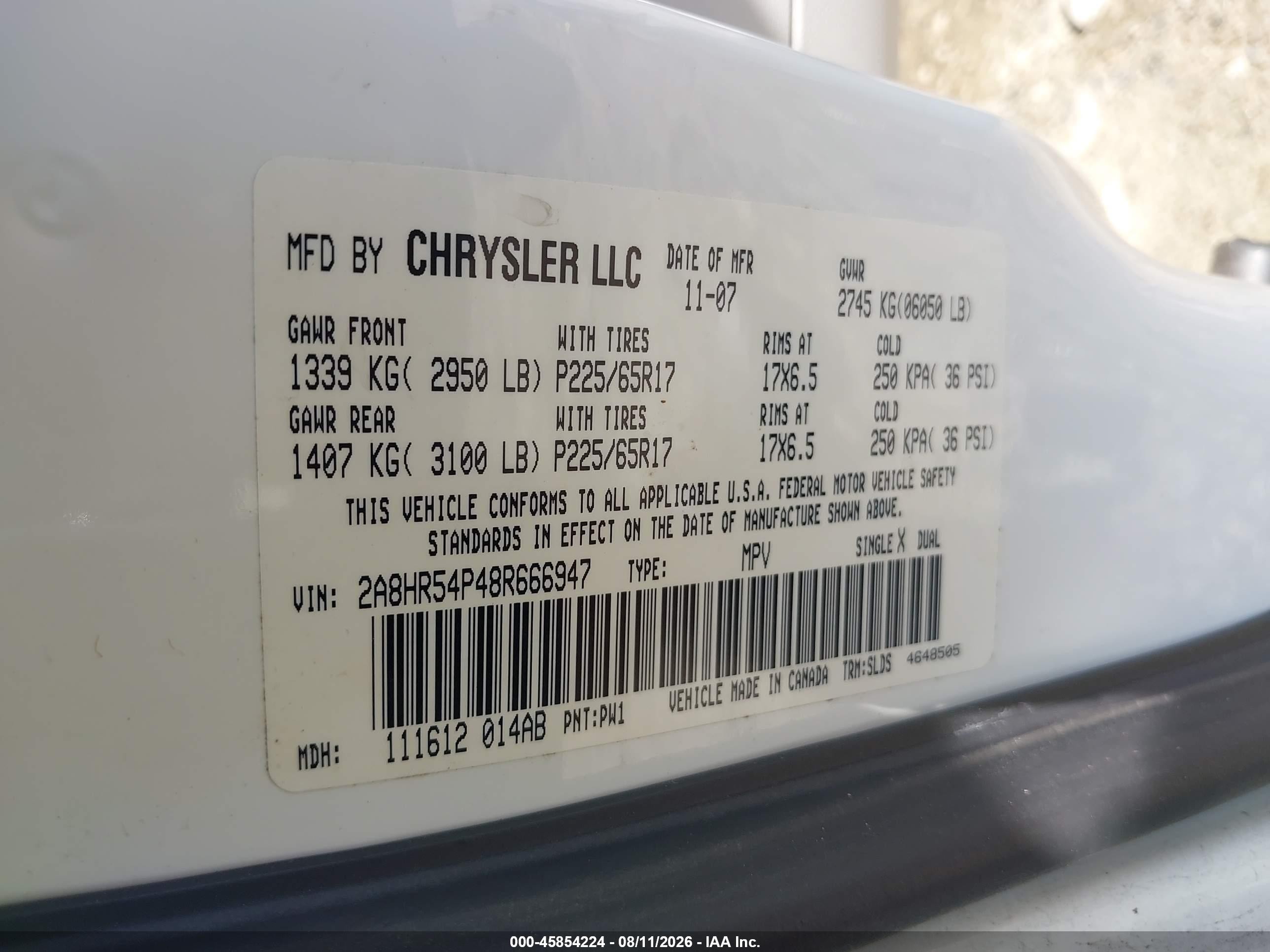 2008 Chrysler Town & Country Touring Белый vin: 2A8HR54P48R666947
