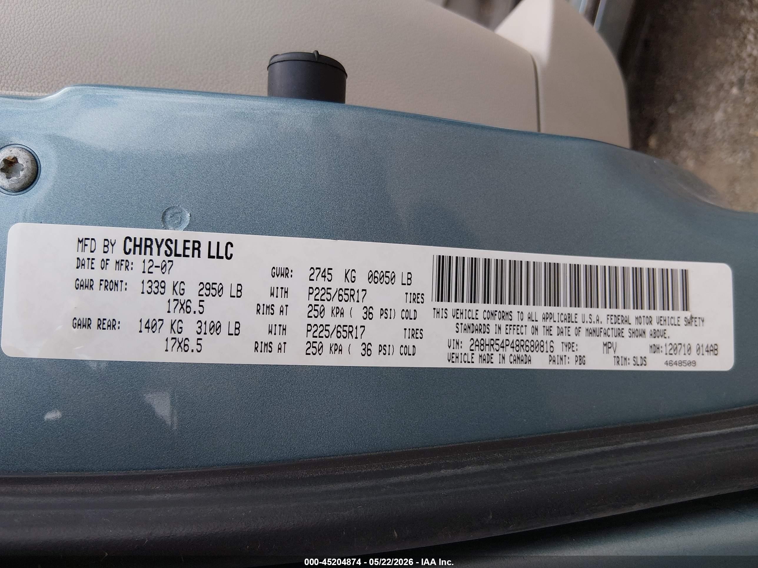 2008 Chrysler Town & Country Touring Light Blue vin: 2A8HR54P48R680816
