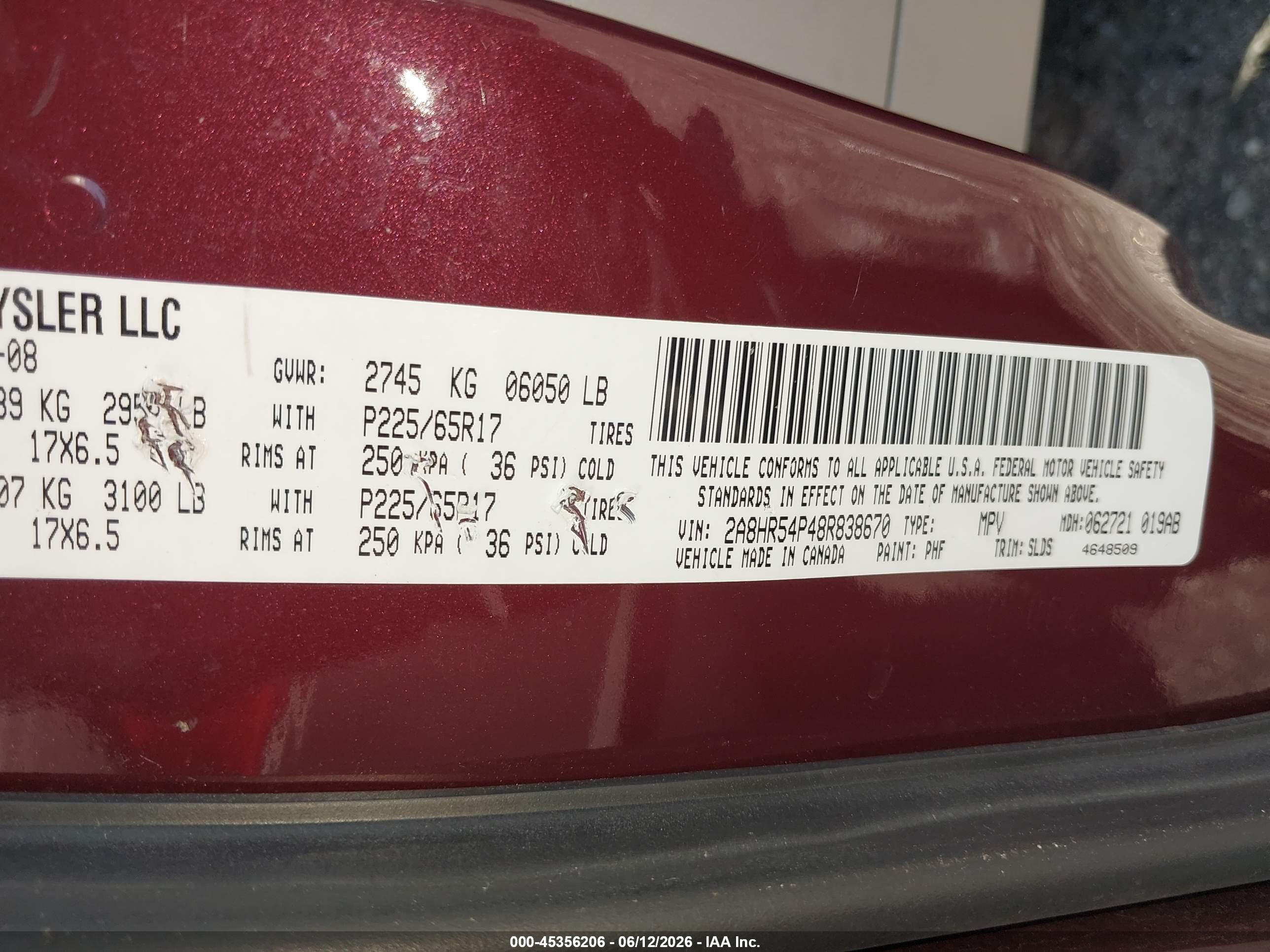 2008 Chrysler Town & Country Touring Burgundy vin: 2A8HR54P48R838670