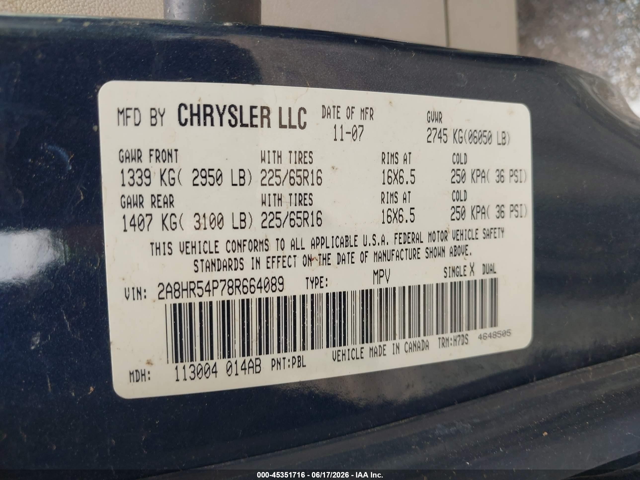 2008 Chrysler Town & Country Touring Blue vin: 2A8HR54P78R664089