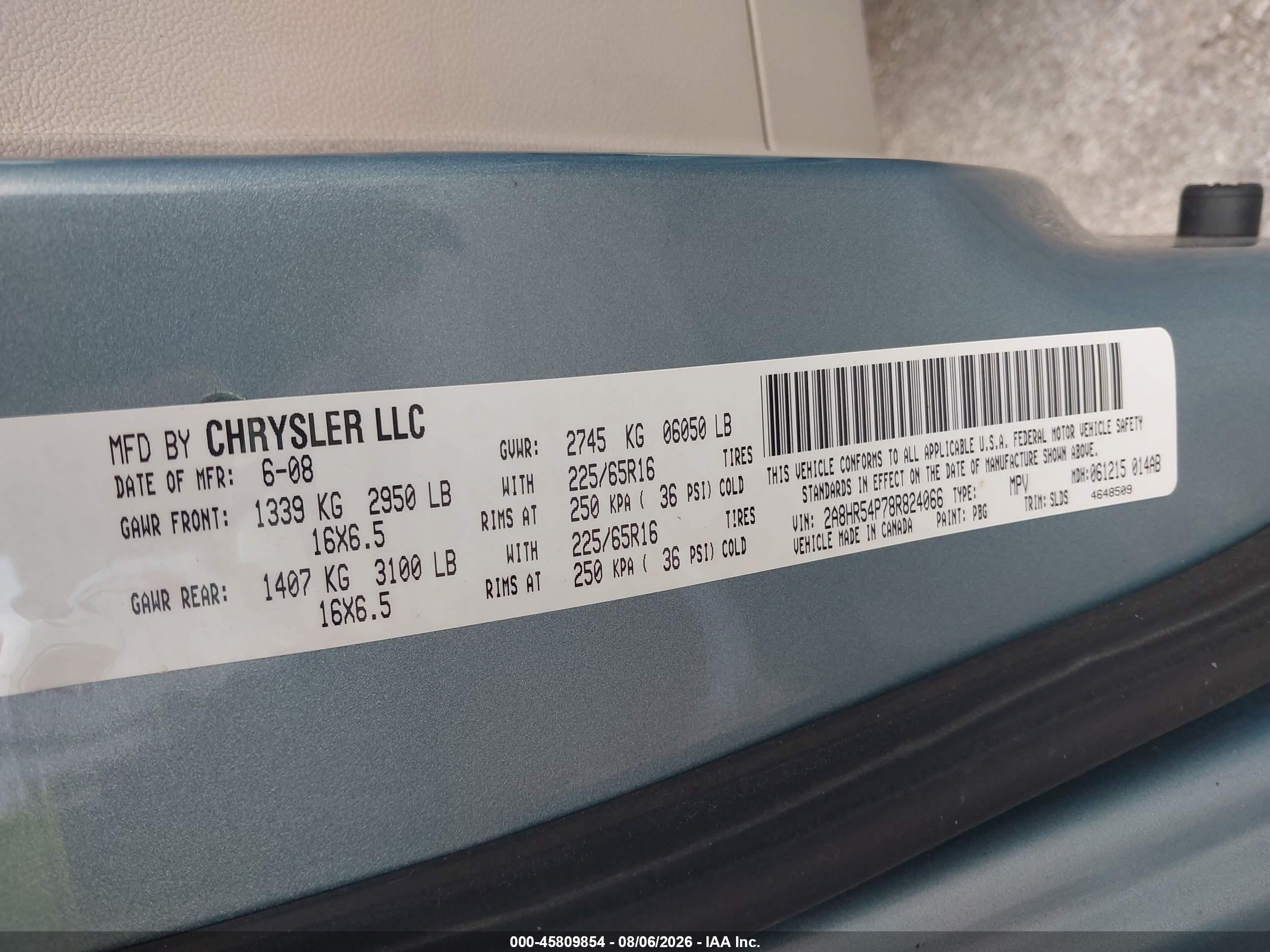 2008 Chrysler Town & Country Touring Light Blue vin: 2A8HR54P78R824066