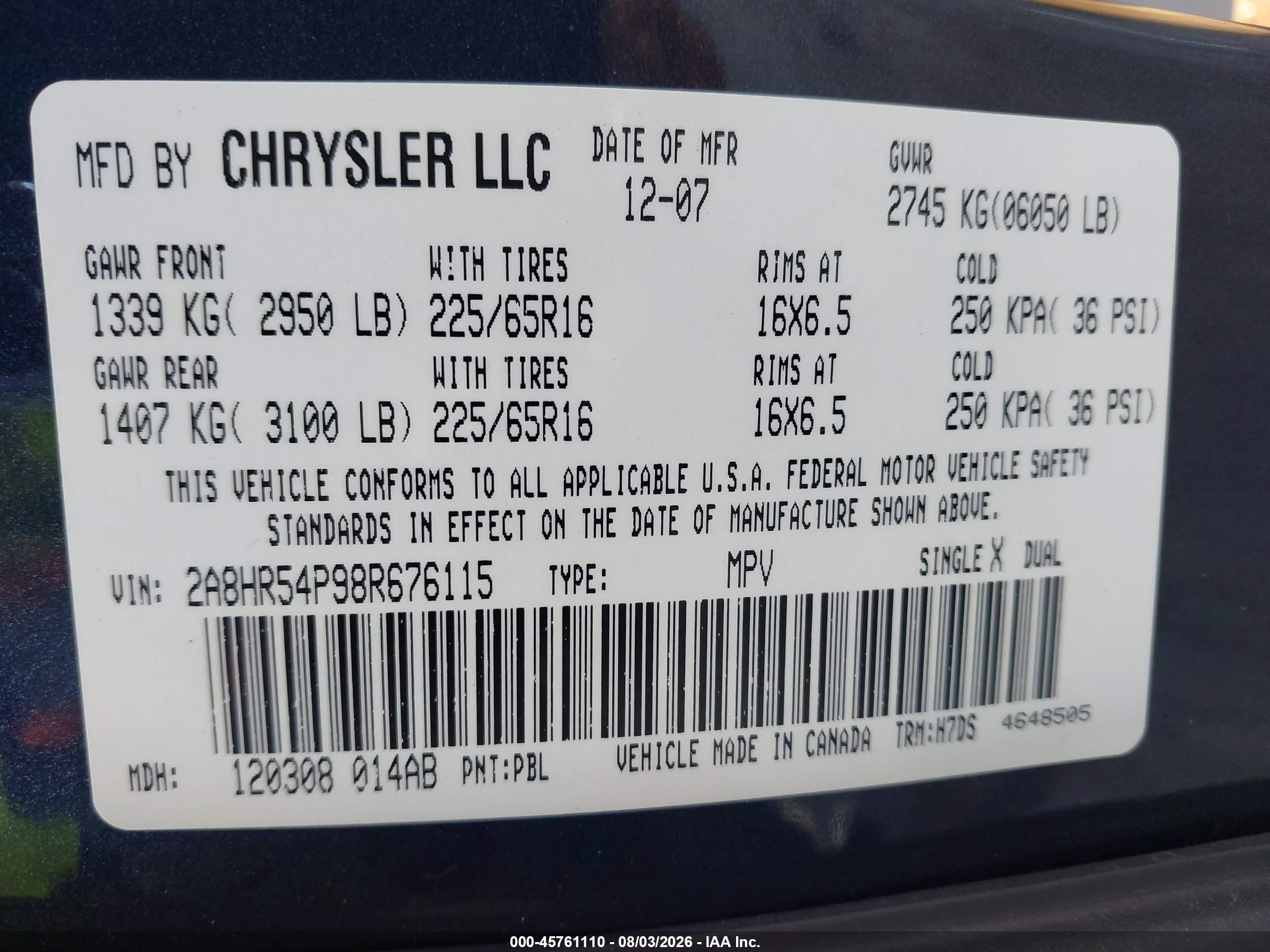 2008 Chrysler Town & Country Touring Blue vin: 2A8HR54P98R676115