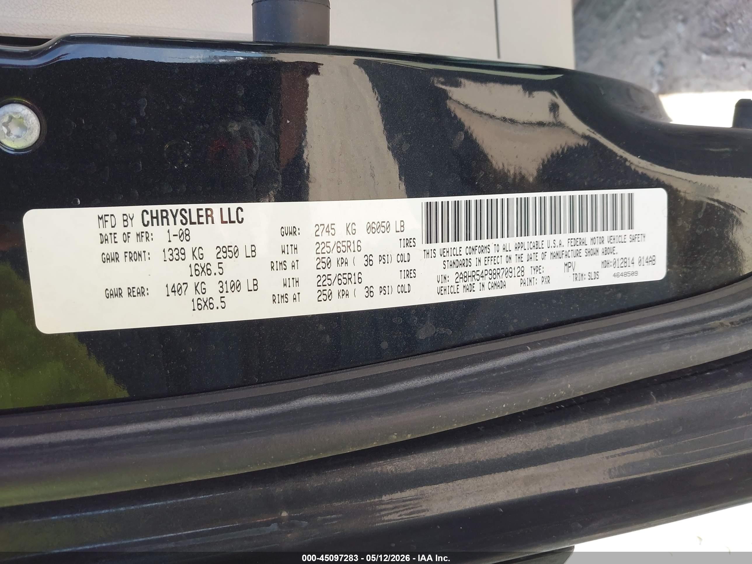 2008 Chrysler Town & Country Touring Black vin: 2A8HR54P98R709128