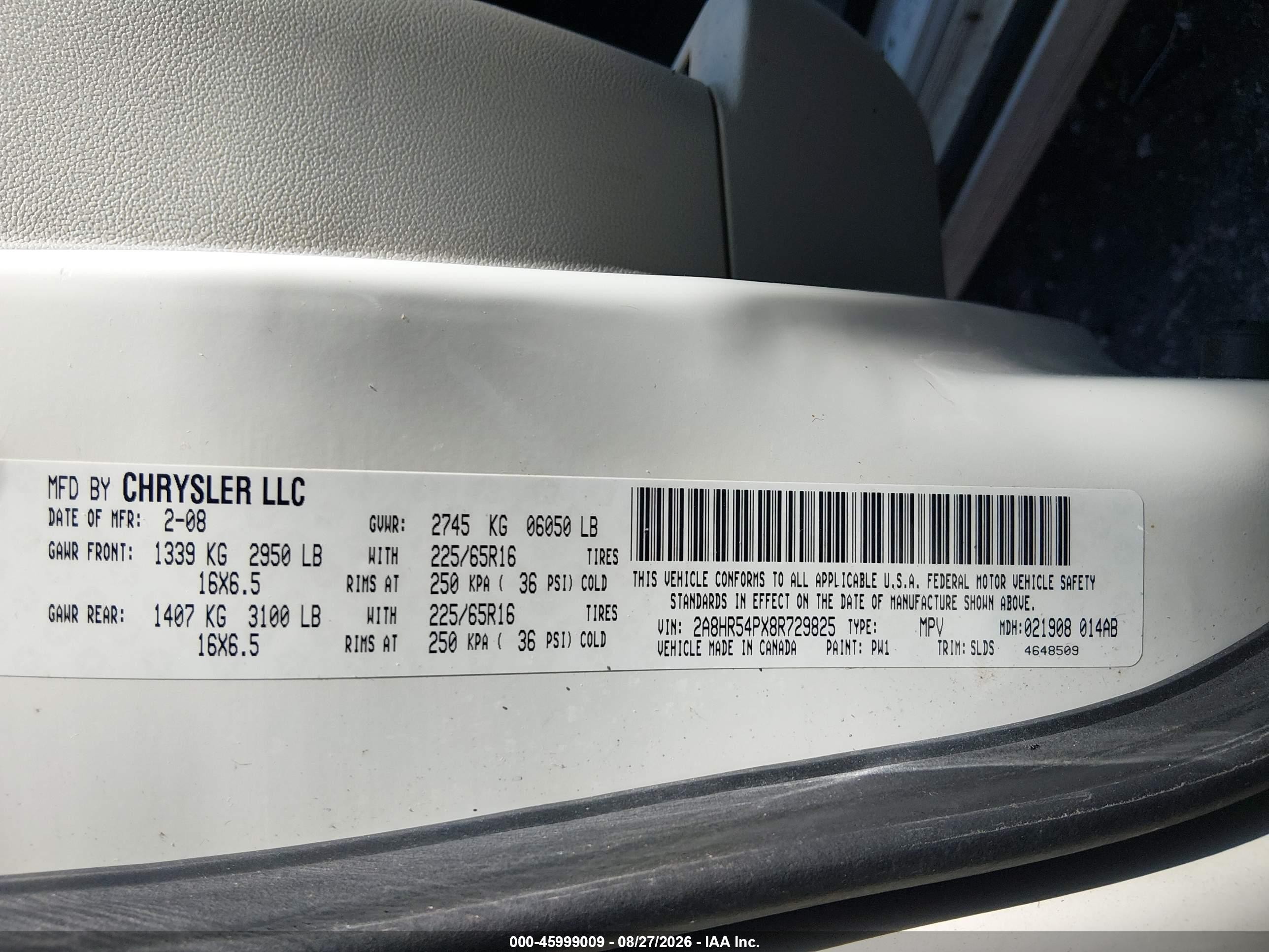 2008 Chrysler Town & Country Touring White vin: 2A8HR54PX8R729825