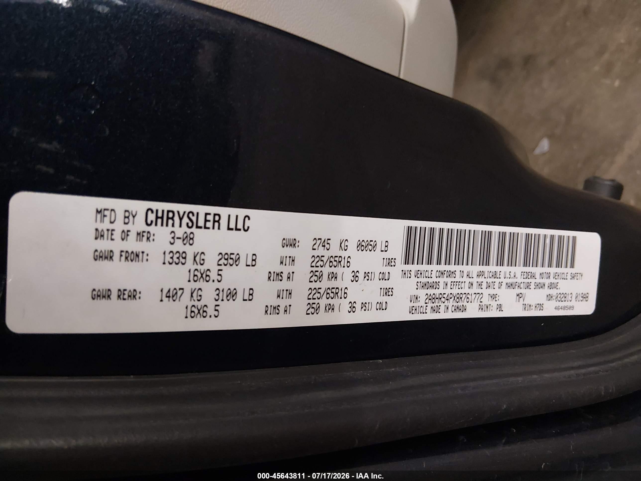 2008 Chrysler Town & Country Touring Dark Blue vin: 2A8HR54PX8R761772