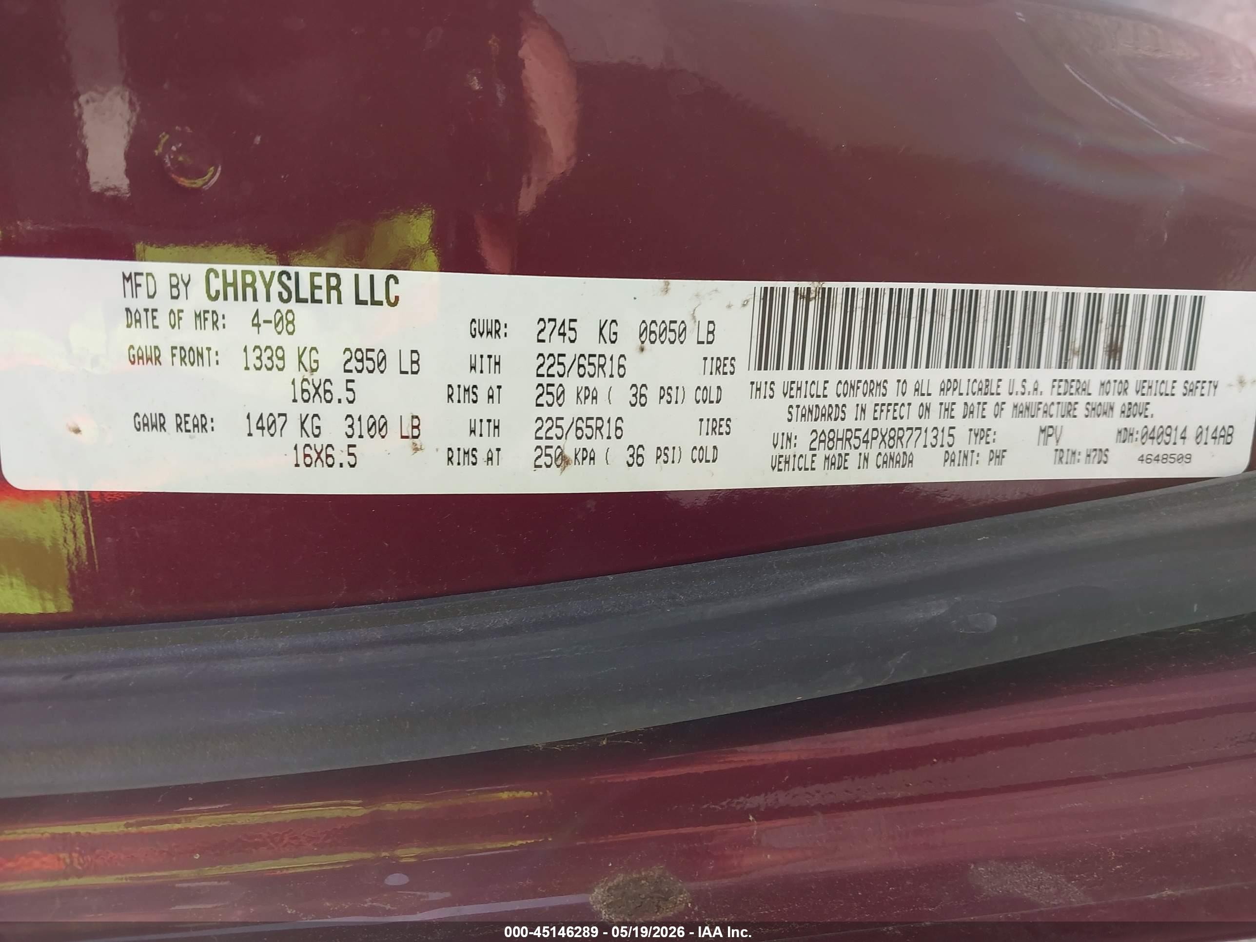 2008 Chrysler Town & Country Touring Maroon vin: 2A8HR54PX8R771315