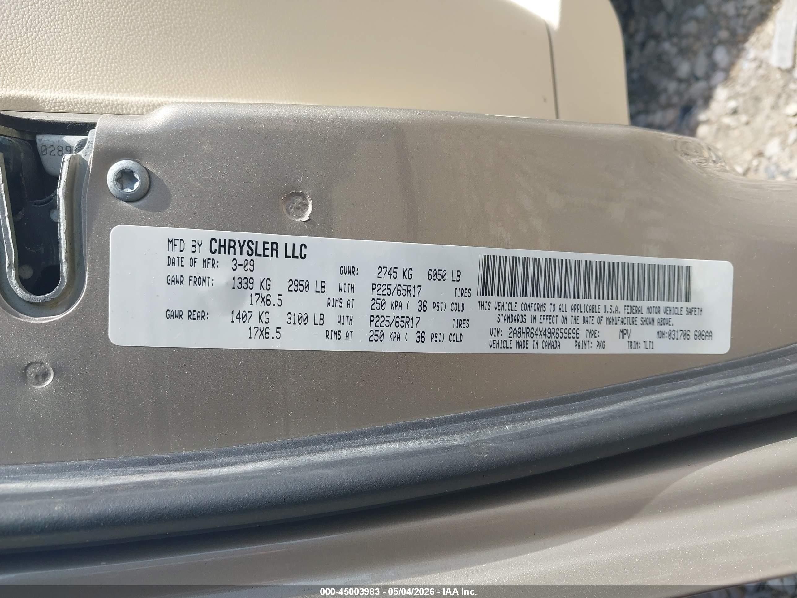 2009 Chrysler Town & Country Limited Gold vin: 2A8HR64X49R659696