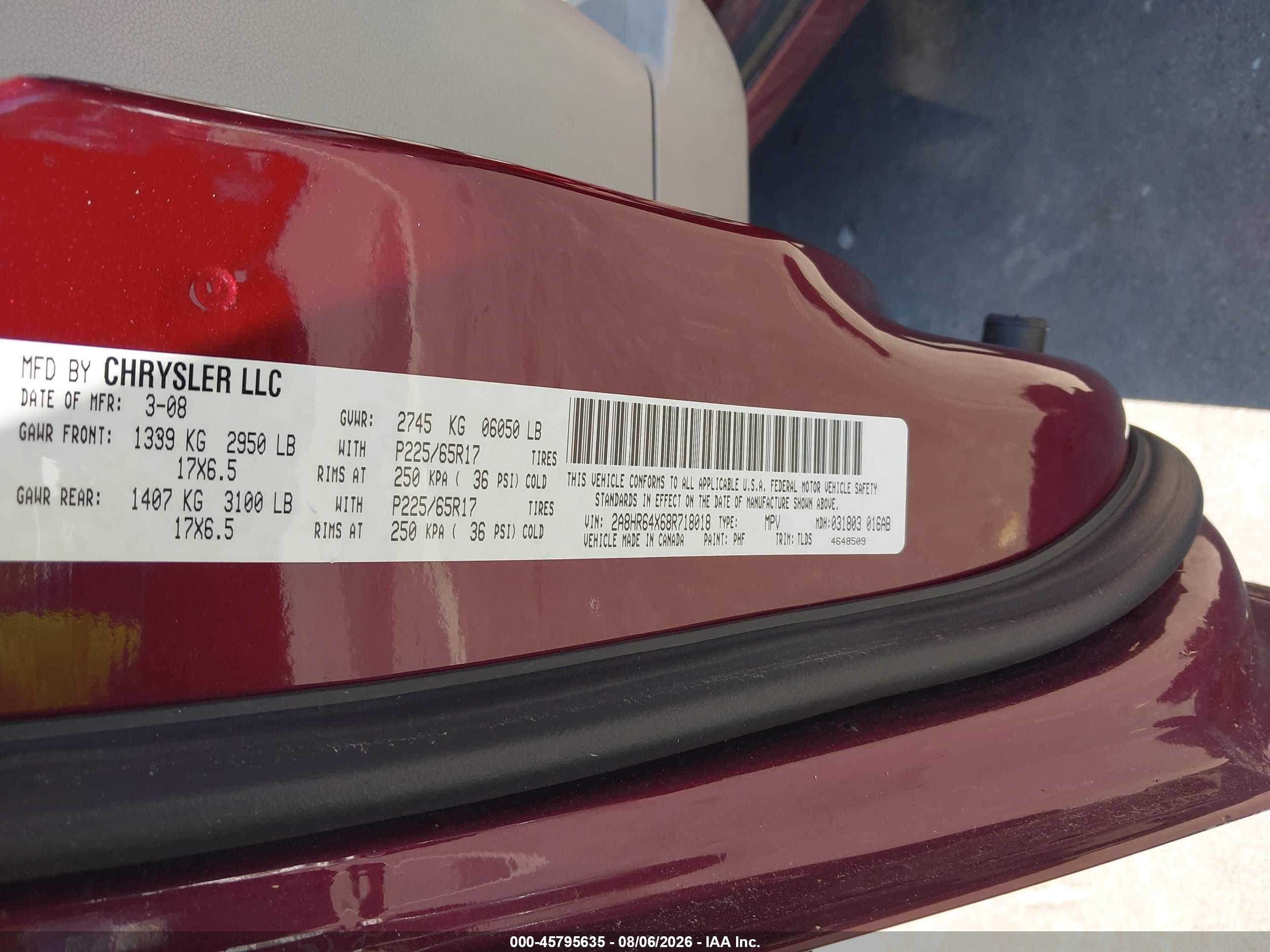 2008 Chrysler Town & Country Limited Red vin: 2A8HR64X68R718018