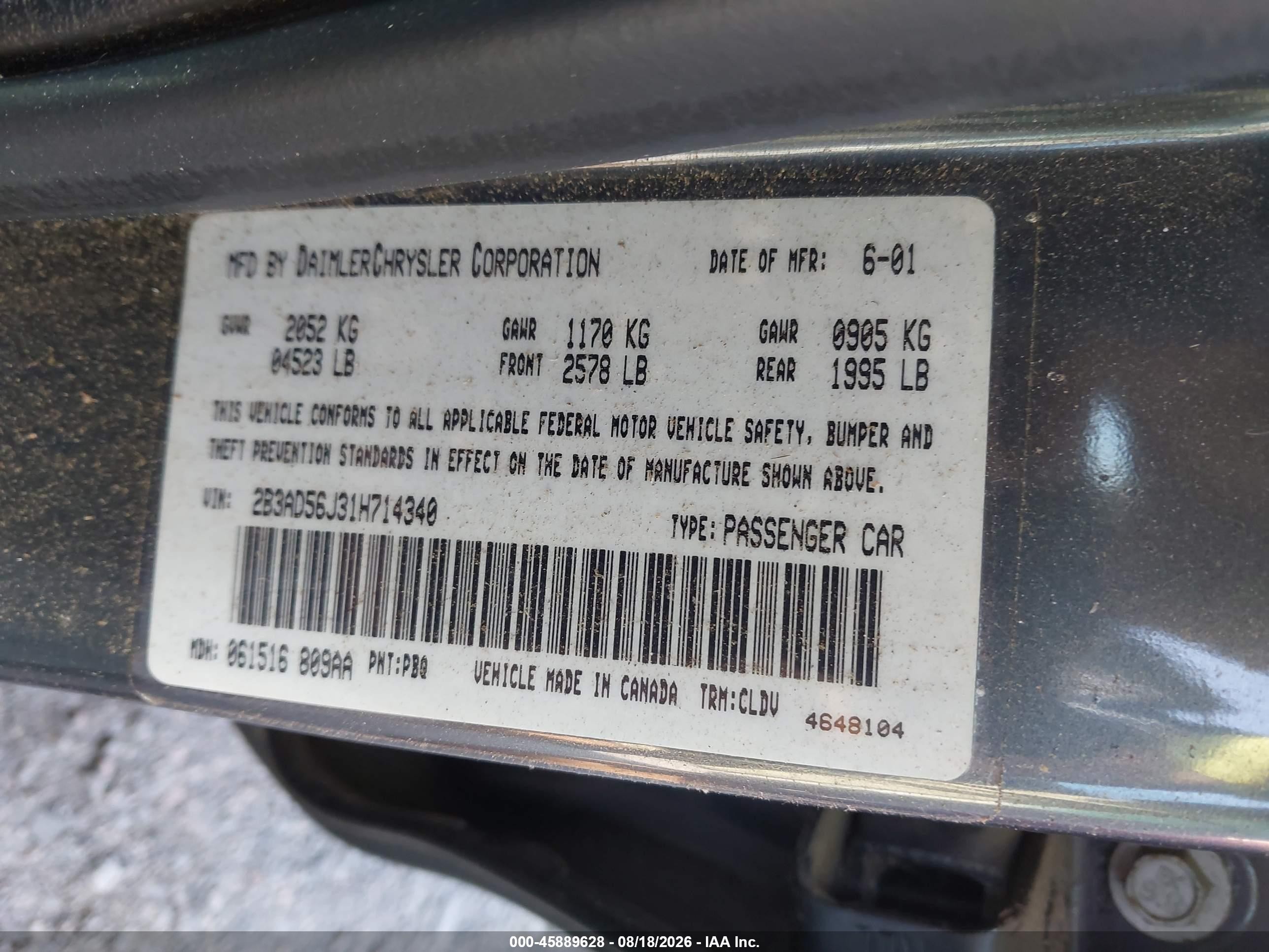 2001 Dodge Intrepid Es Gray vin: 2B3AD56J31H714340