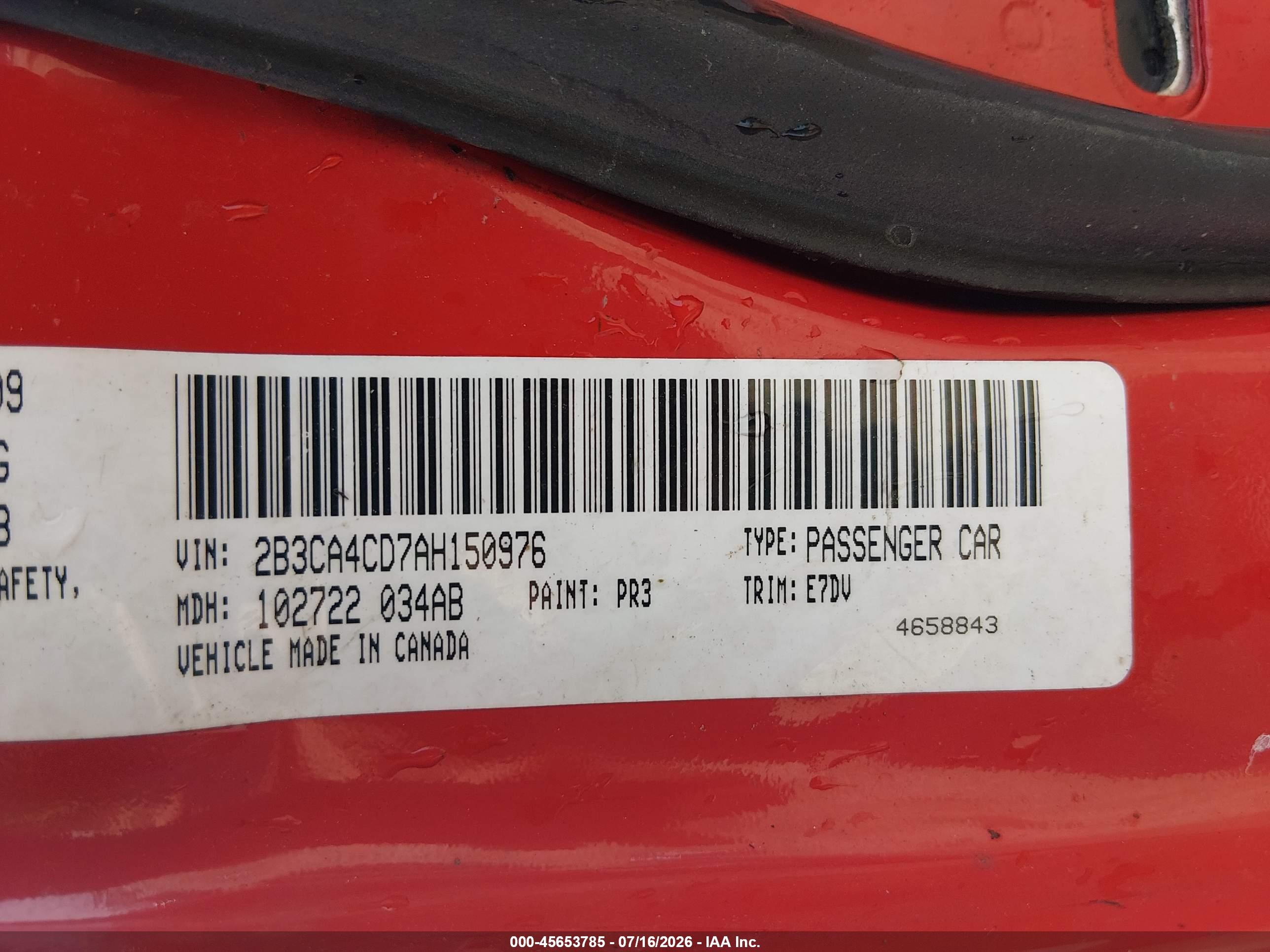 2010 Dodge Charger   Red vin: 2B3CA4CD7AH150976
