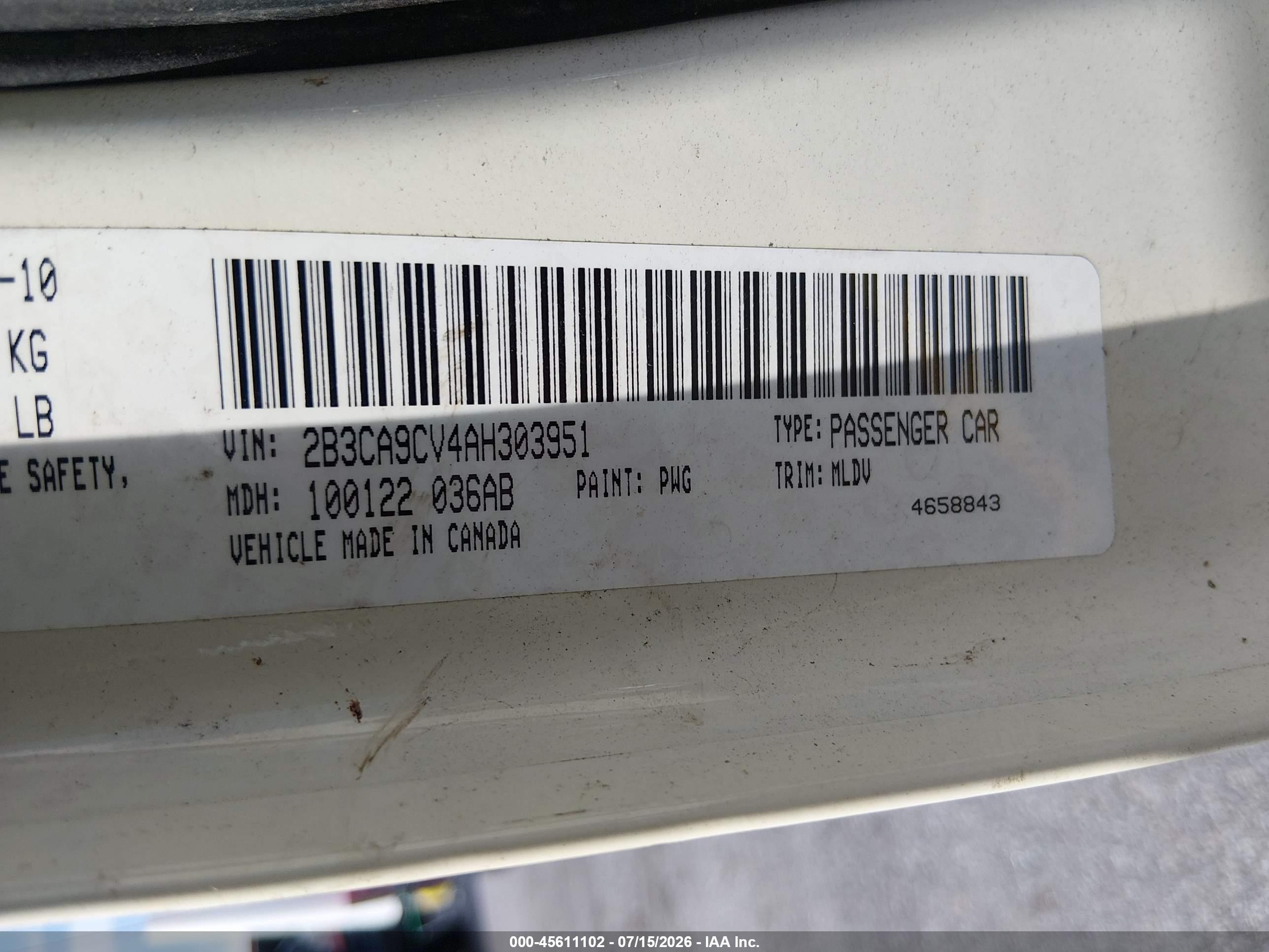 2010 Dodge Charger Rallye White vin: 2B3CA9CV4AH303951