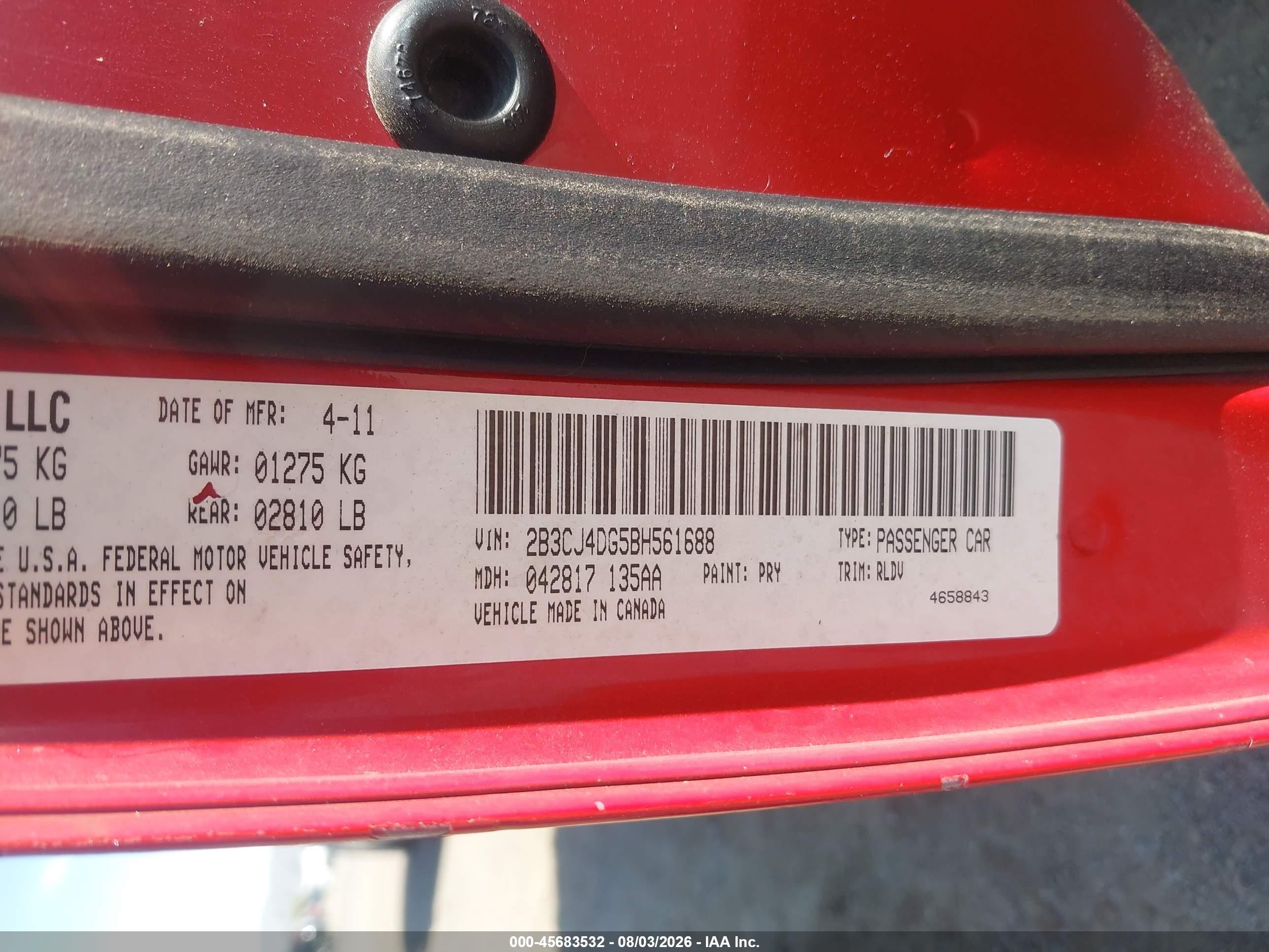 2011 Dodge Challenger   Красный vin: 2B3CJ4DG5BH561688
