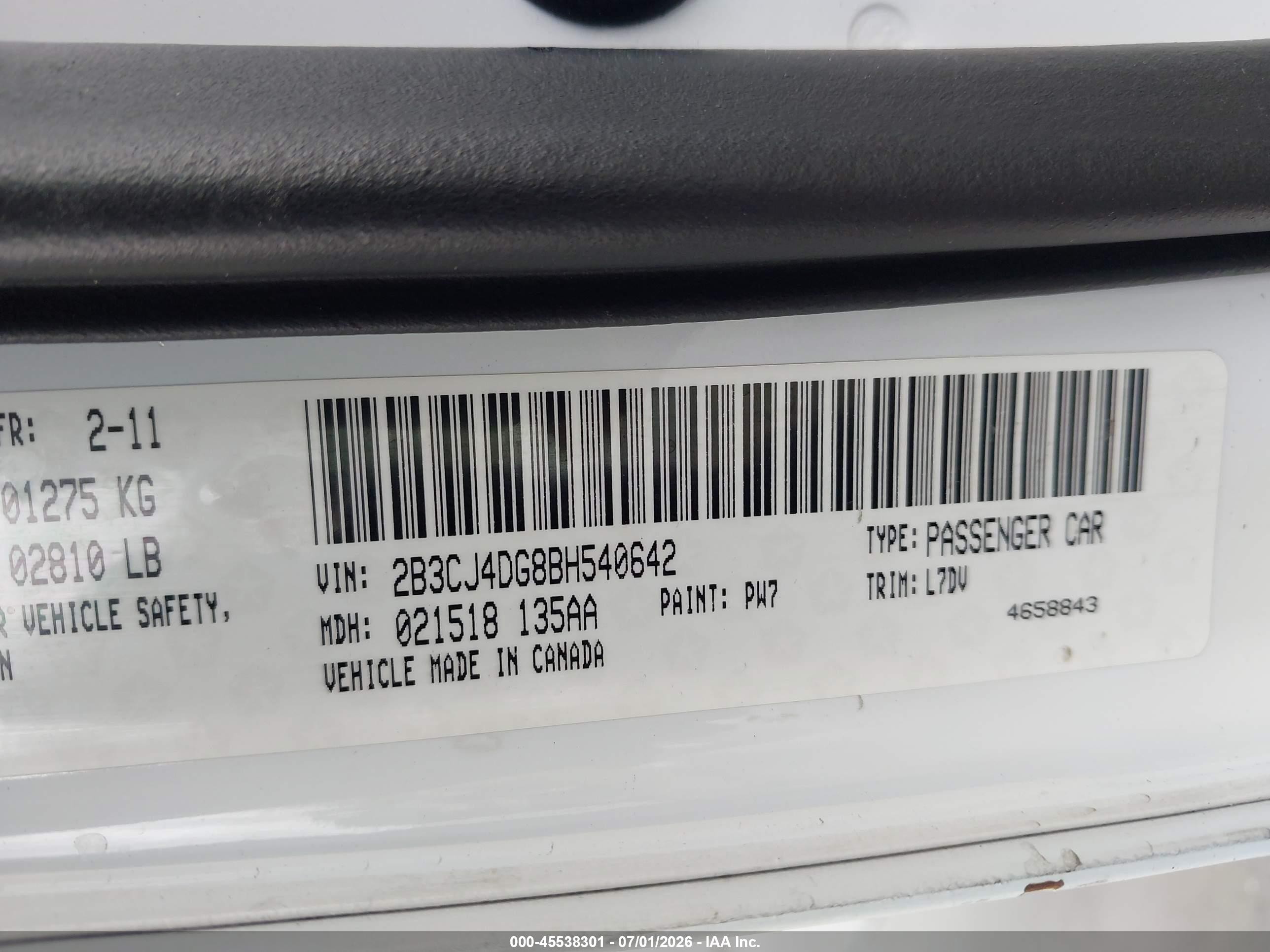 2011 Dodge Challenger   White vin: 2B3CJ4DG8BH540642