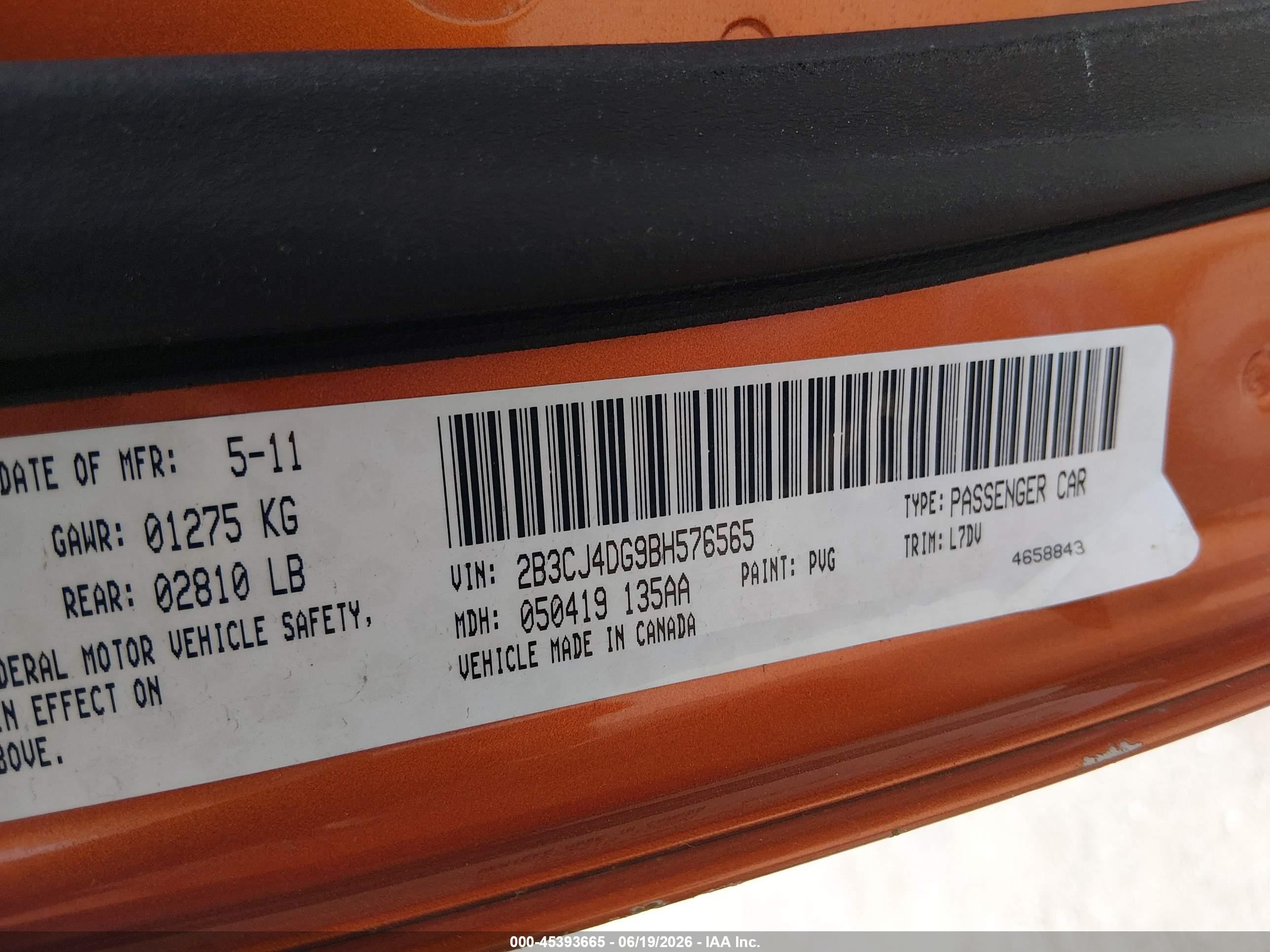2011 Dodge Challenger   Orange vin: 2B3CJ4DG9BH576565