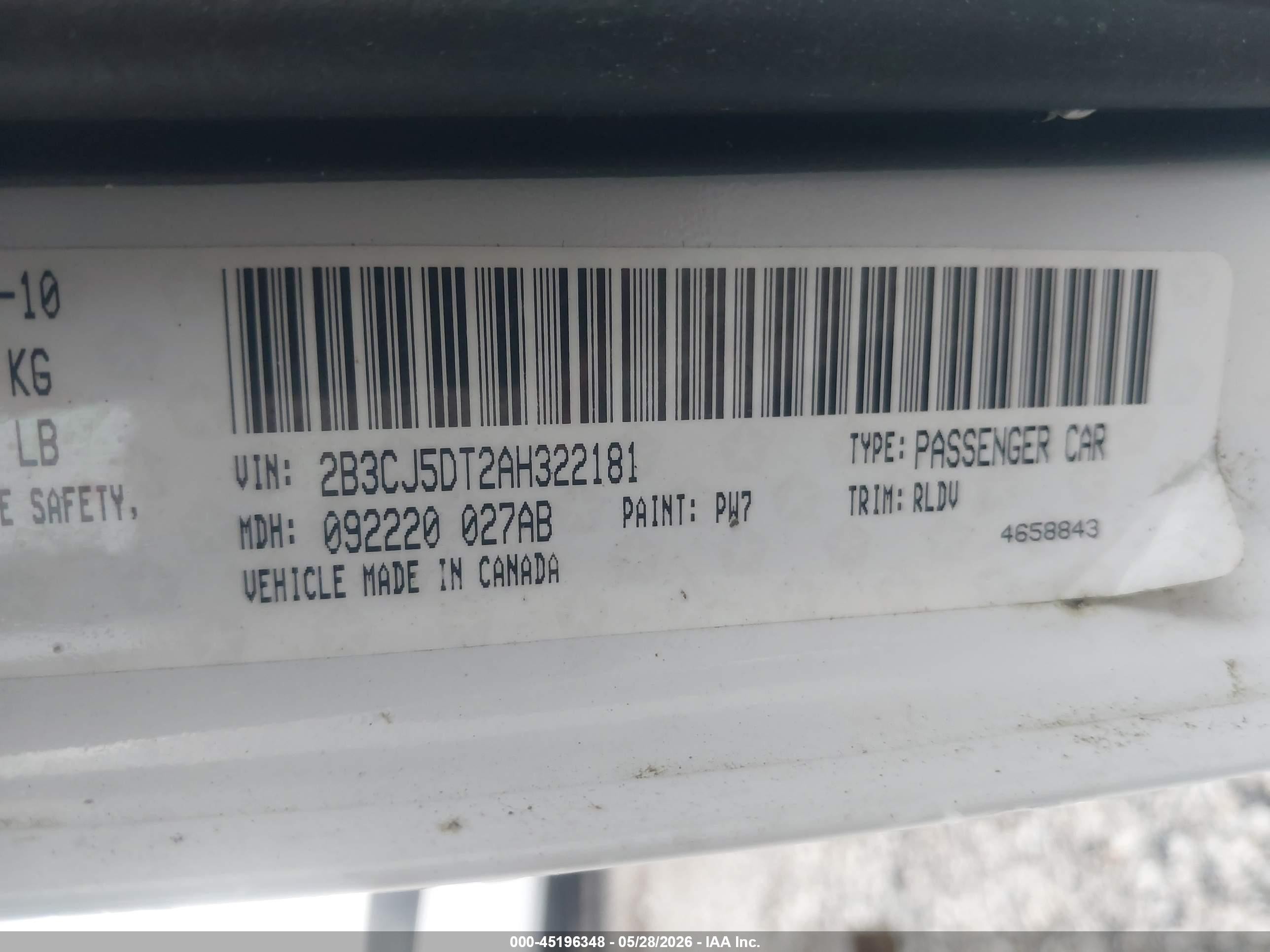 2010 Dodge Challenger R/t White vin: 2B3CJ5DT2AH322181
